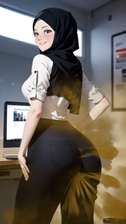 ((velocity)),Attacked by farts, (((Women farting))),(girl farting while stand)),smiled faintly,velocity,())(a female office employees), (wearing shirt and long pants), (wearing hijab), (standing facing the screen),(her butt facing the screen)) (long black hair),(Asian woman),(workspace),(masterpiece:1.2、top-quality)、(the Extremely Detailed CG Unity 8K Wallpapers、ultra-detailliert、Best Shadows)、(细致背景)、(The best lighting、extremely delicate and beautiful)、depth of fields、1girl in、alone
