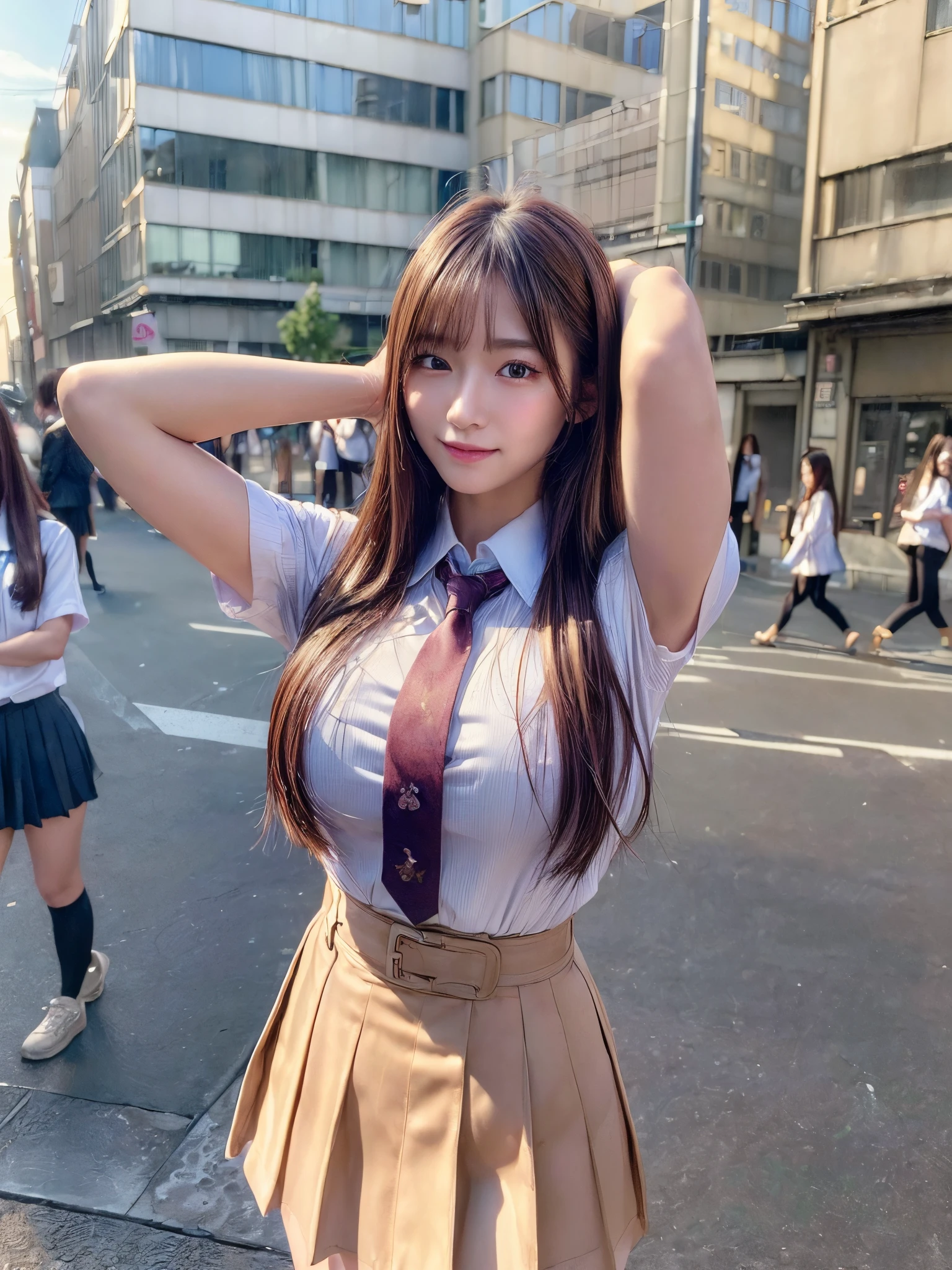 (masterpiece,best quality:1.4),(8k,raw photo,photo realistic:1.2),shiny skin,detailed skin,detailed face,detailed eyes,Japanese idol,beautiful face,1Japanese girl,perfect female body,large breasts,smile,long brown bob hair,(school uniform:1.3),looking at viewer,(arms up,crowded city streets:1.3),cowboy shot