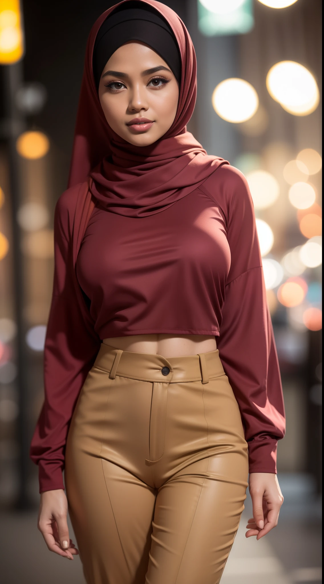 RAW, Best quality, high resolution, masterpiece: 1.3), beautiful Malay woman in hijab (iu:0.8),Malay girl in hijab ,beautifull face, big eyes, glossy lips, wearing big long switer and high waisted trousers, standing, wearing back backpack, front view, skin detail, skin texture detail, mole under the eye, big breasts, big hips, big waist, big thighs, beautiful body, night, laugh, happy, bright lighting, blurred background, bokeh,