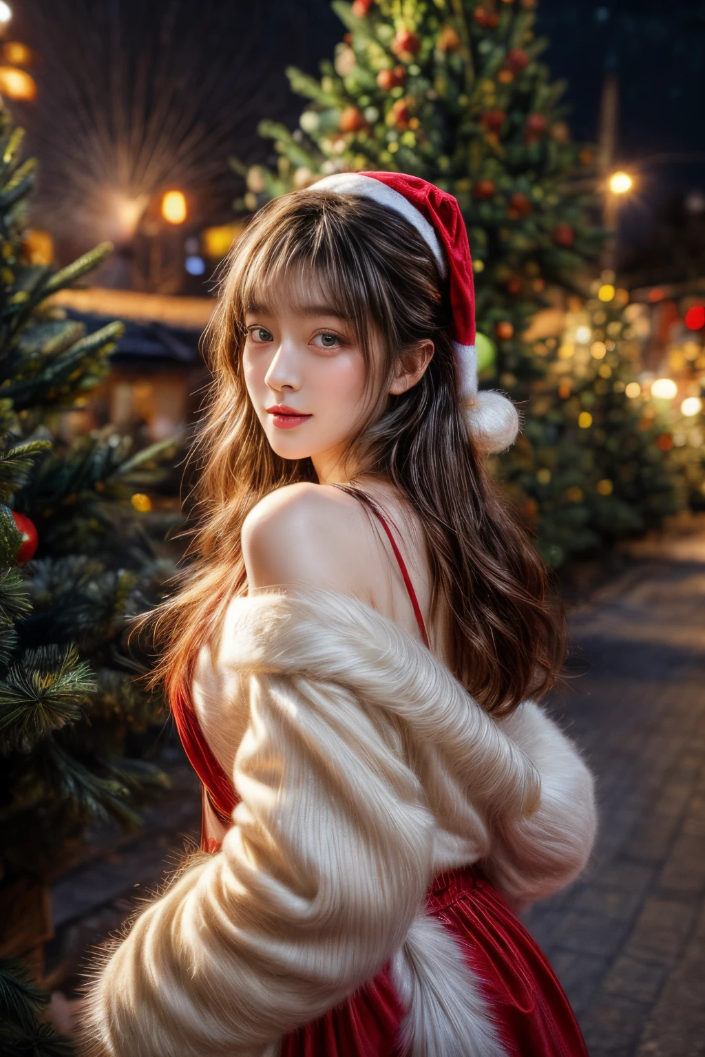 masterpiece、8K、32K、top-quality、(A detailed eye)、(A cute Japanese woman、bangss)、23years old、1 girl in、elegent、(Detailed background depiction、portlate:1.2)、(Christmas tree:1.4)、natta、street、(Santa Claus Costume:1.2)、is standing、(illuminations:1.4)、cowboy shot、ssmile
