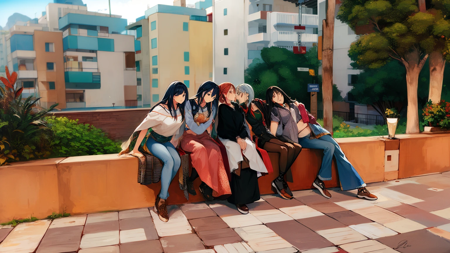 varias mujeres sentadas en una pared