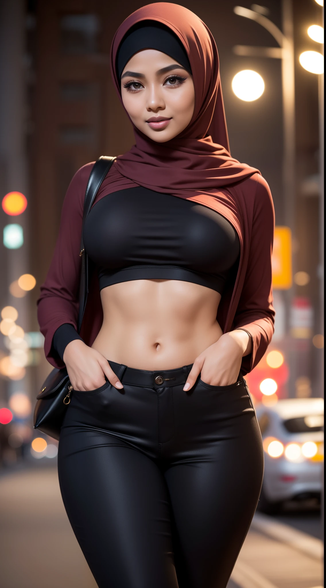 Cute malay girl in hijab wearing red lace bra and panties with leather jacket with seducing pose, big smile, laughing, happy, big front teeth, bustling nighttime city, wearing hijab, bright golden color hijab, small tits, small breast, flat chest, wide waist, thick thighs bright lighting, big round ass, cute face, slim abs, 35mm lens, Extreme close-up, pastel color grading, depth of field cinematography effect, romantic film genre, 8k resolution, high quality, ultra detail,