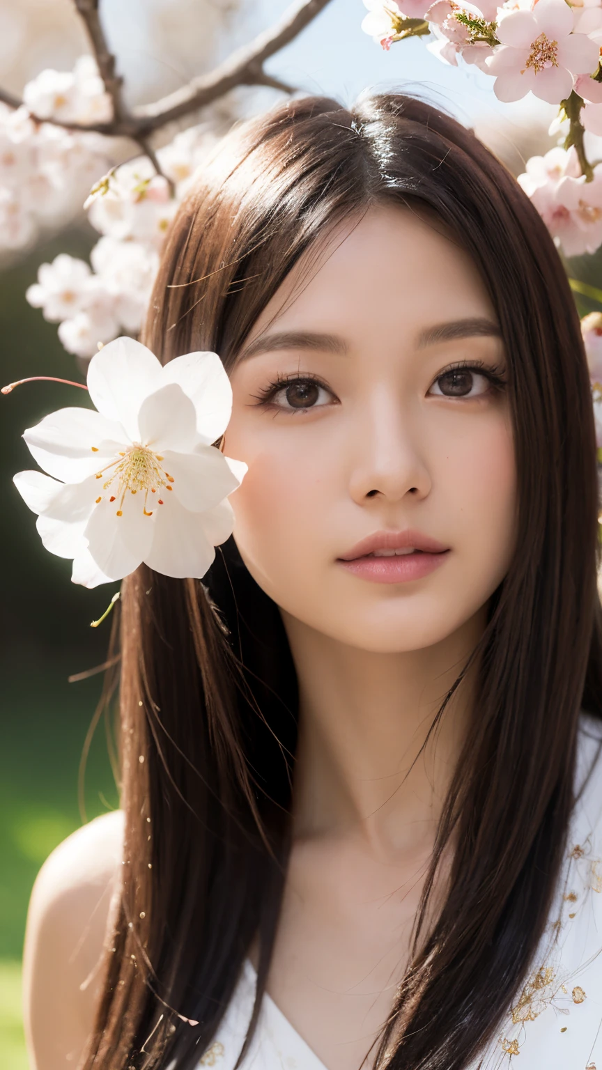 (A logo、​masterpiece、8K、masutepiece、Raw photo、Fantastic、Best Quality、Photorealistic、extremely detailed CG unified 8k wallpaper、hightquality、ighly detailed、epic poem、Particle effect、Dynamic effects、depth of fields、Cinematic Light、Lens Flare、Ray tracing)、Fantasia、 (Beauty 1 person、White Japanese Clothing、Japanese dress、White cherry blossom pattern、White cherry blossom embroidery pattern、A dark-haired、Beautiful face、Real Face、Beautiful detail eyes、Beautiful skin)、Hair flutters in the wind、Hair jumps、Pink cherry blossom tree、Petals flutter、Sakura blizzard、Superb view、morning glow、Sun in the background、the wind、Deities、tusk、myth、Vast Land、
