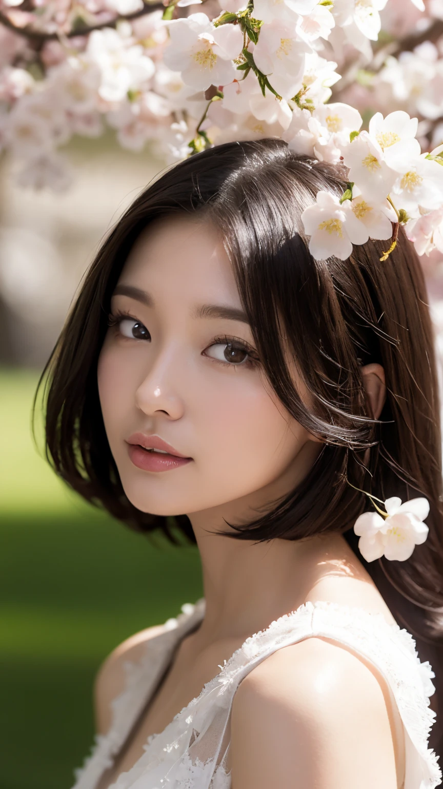 (A logo、masterpiece、8K、masutepiece、Raw photo、Fantastic、Best Quality、Photorealistic、extremely detailed CG unified 8k wallpaper、hightquality、ighly detailed、epic poem、Particle effect、Dynamic effects、depth of fields、Cinematic Light、Lens Flare、Ray tracing)、Fantasia、 (Beauty 1 person、White Japanese Clothing、Japanese dress、White cherry blossom pattern、White cherry blossom embroidery pattern、A dark-haired、Beautiful face、Real Face、Beautiful detail eyes、Beautiful skin)、Hair flutters in the wind、Hair jumps、Pink cherry blossom tree、Petals flutter、Sakura blizzard、Superb view、morning glow、Sun in the background、the wind、Deities、tusk、myth、Vast Land、