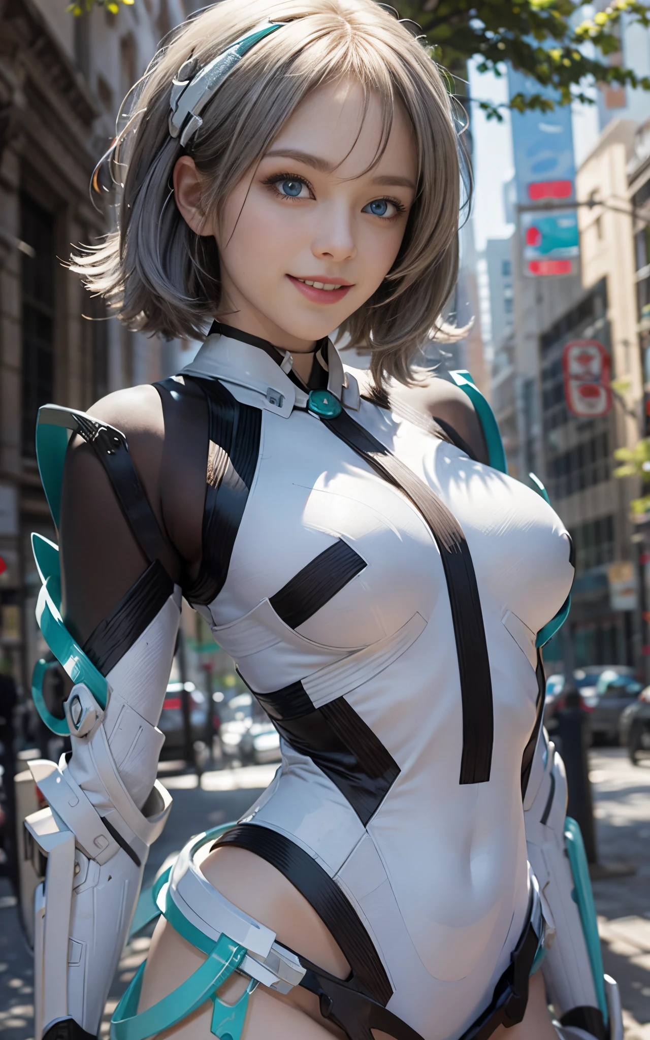 lightsmile, deva battle suit, Outdoors, Silver hair, bobhair, Blue eyes, waist shot