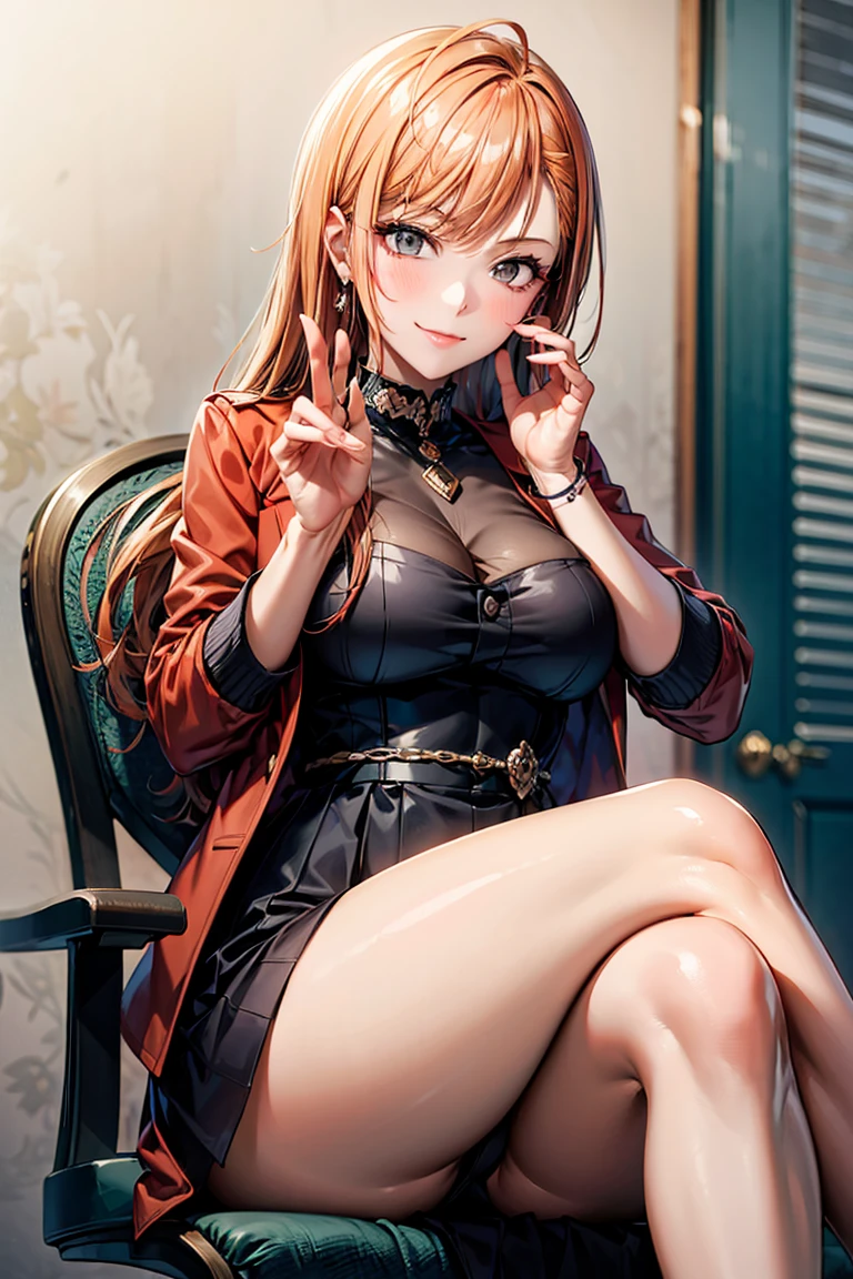 (shoujo-style:1.2), masterpiece, best quality, arisugawa natusha, 1girl, solo, sitting, smile, bangs, breasts, coat, thighs, chair, indoors, smirk, smug, knee, legs, long hair, orange hair, crossed legs, looking at viewer, red jacket, black dress, shaded face, bare legs, closed mouth, hand up, blurry foreground, medium breasts, hand on own face,