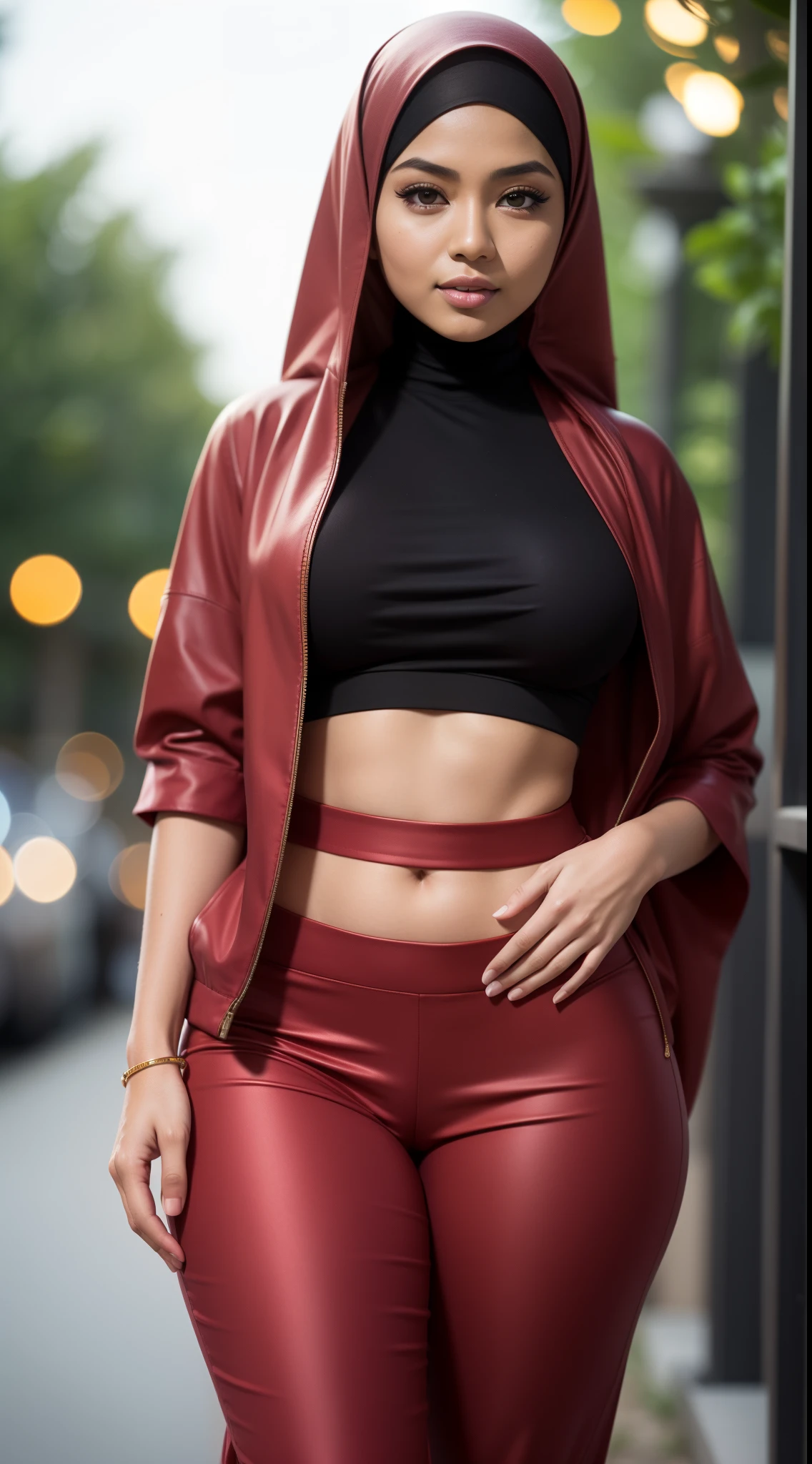 RAW, Best quality, high resolution, masterpiece: 1.3), beautiful Malay woman in hijab (iu:0.8),Malay girl in hijab wearing long switer and high waisted trousers, standing, wearing back backpack, front view, skin detail, skin texture detail, mole under the eye, big breasts, big hips, big waist, big thighs, beautiful body, night, laugh, happy, bright lighting, blurred background, bokeh,