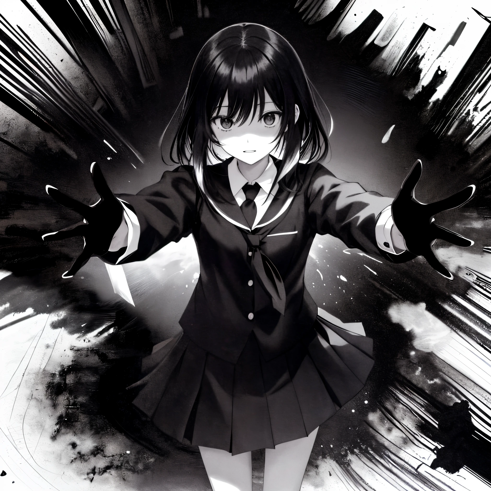 in the style of Chi no Wadachi, manga style, black and white, a girl standing, wearing a light shaded school uniform reaching out for embrace with both hands, surrounded by darkness, black hair, her face scribbled out, ((wide shot)), ((centered)), ((distanced)), ((in the distance surrounded by darkness)), ((shadow over eyes)), ((black background))