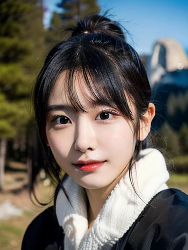 (masterpiece, best quality, photo realistic, official art:1.4), (UHD, 8K quality wallpaper, High resolution, raw photo, film grain:1.2), (shiny skin), professional lighting, physically-based rendering, Award-winning, highly detailed skin, (extremely detailed face and eyes, clear pupils), Carl Zeiss 85 mm F/1.4, depth of field, BREAK, 1girl, solo, kawaii 24-year-old Korean girl, (Nogizaka idol:0.7), (Korean idol:0.9), (glossy straight black hair, high ponytail, forehead:1.3), rounded face, single eyelid, (soft smiling, closed mouth:1.3), (wearing mountain parkas:1.3), (trekking pants, trekking boots:0.7), (breasts emphasized, well shaped medium breasts:0.8), (looking at viewer), BREAK, (at a forest in Yosemite National Park), winter daytime, warm sunlight, (The Half Dome on background), (seductive posing, dynamic angle:1.3), upper body shot,