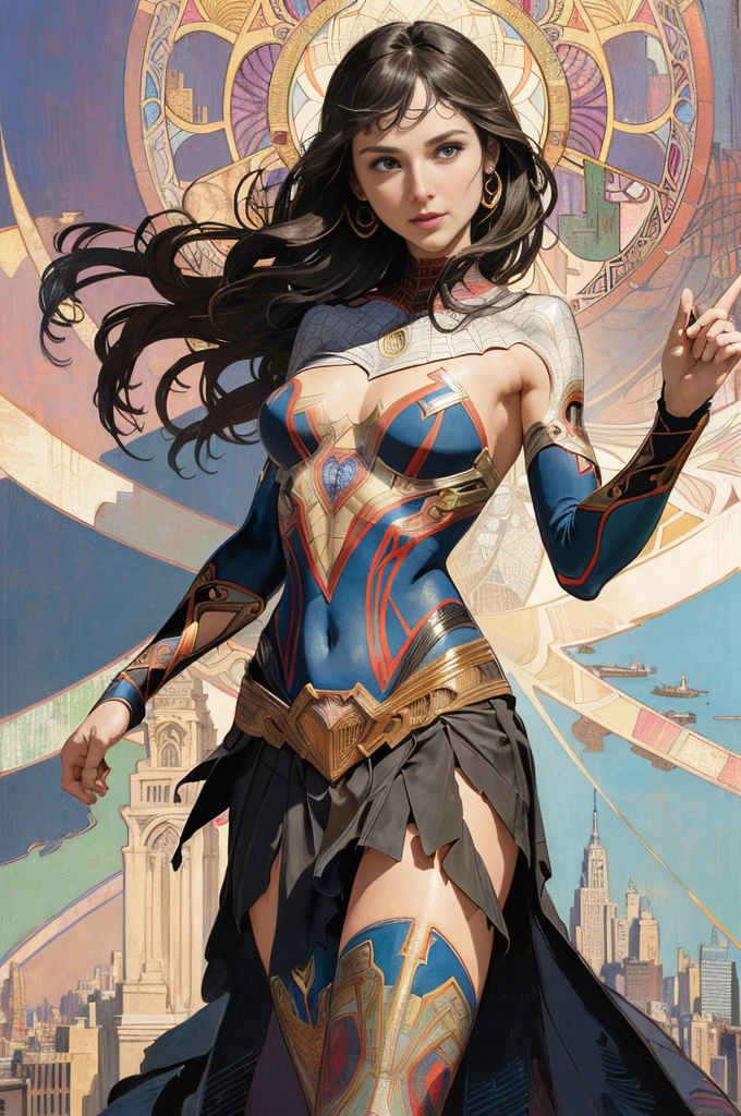 Diana Agron、Sticking out the navel、newyork、She wears a torn Spider-Man suit,wearing a skirt、abstract photorealistic、artistic、Alphonse Mucha's painting(masterpiece、highest quality、High resolution:1.4)、detailed、複雑なdetailed、In 4K、color splash、line drawing、fibonacci、