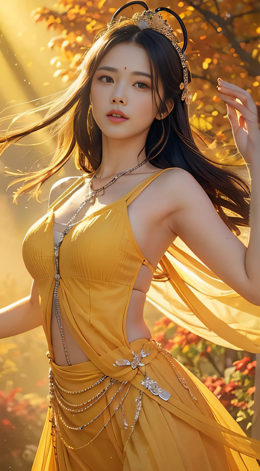 1 woman, mature, High (1.85 cm), looks about 3, have long black hair, straight and shiny, charming fox eyes, majestic black eyes, extremely detailed eyes, perfect eyes, extremely realistic eyes, balanced eyes, long eyelashes, anime style, perfect face, milf face, full red lips, mature, smooth white skin, natural body, sexy body, milf body, perfect hands, detailed hands, arms in proportion to the body, real hands, arm with good anatomy, She was only wearing a loose yellow robe that covered her entire body in a Chinese style decorated with gold and silver with phoenix motifs woven into the robe but still could not hide her extremely large and gigantic breasts. (cup L), very big breasts, stimulate breasts three times larger than her face, Her breasts did not sag as their size remained erect on her body., Leggy, thick thighs, wide hips, wear black socks, full body drawing, have full arms and legs, look at the viewer, The background is a Chinese-style pavilion., pose alone, look at the viewer.