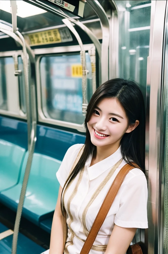 Top image quality、masterpiece、Beautuful Women、japanes、25-years old、On the train、a smile、Raw photo、White blouses、chest、A sexy、soio、strap、cleanliness、unclear