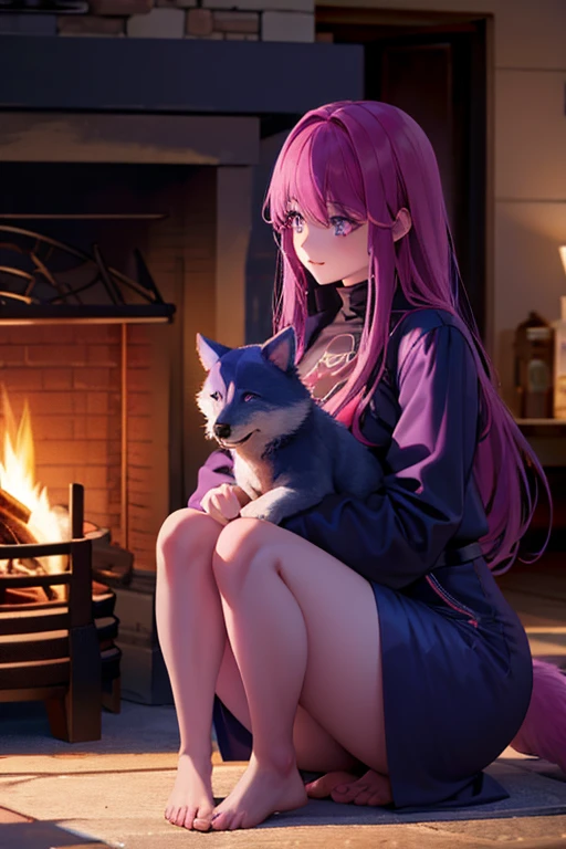 A pink haired woman with violet eyes and an hourglass figure is holding a purple wolf pup by the fire
