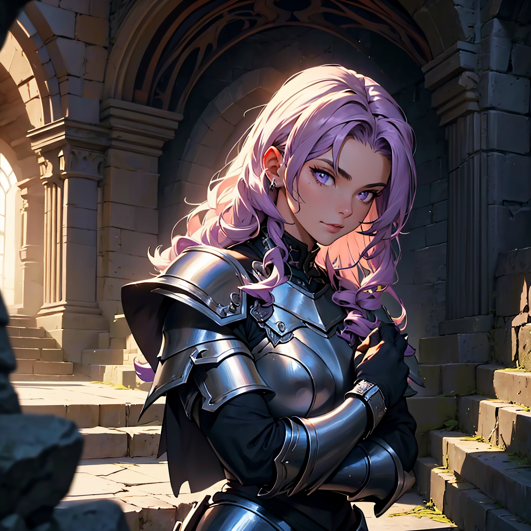 masterpiece,Best Quality, detailed,Close-up of a person'Upper body body, 4k, Cinematics, Background with:Stairs inside a dark cave inside a medieval castle, Female knight wearing black bat-shaped armor(Long bright purple curly hair)