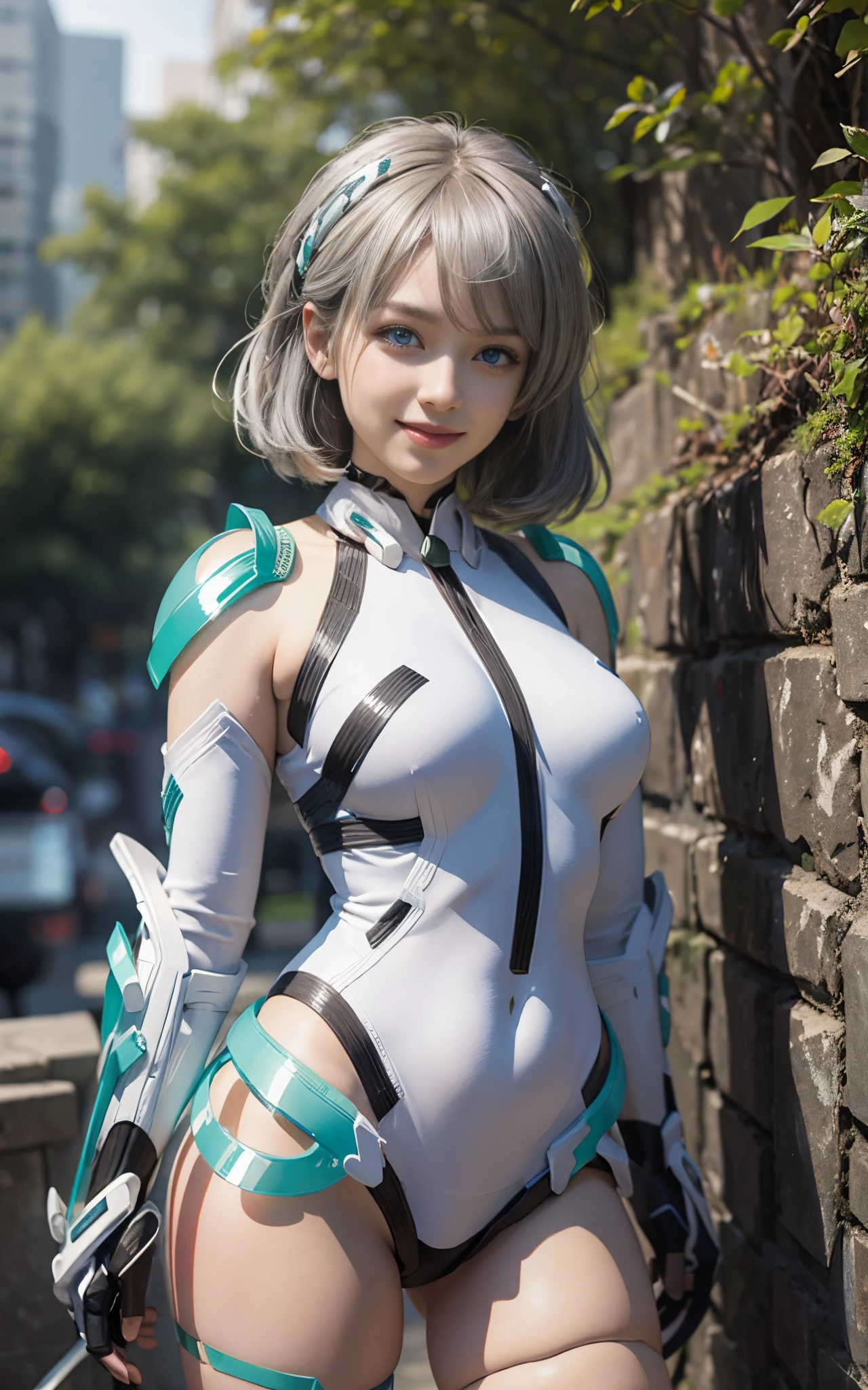 lightsmile, deva battle suit, Outdoors, Silver hair, bobhair, Blue eyes, waist shot