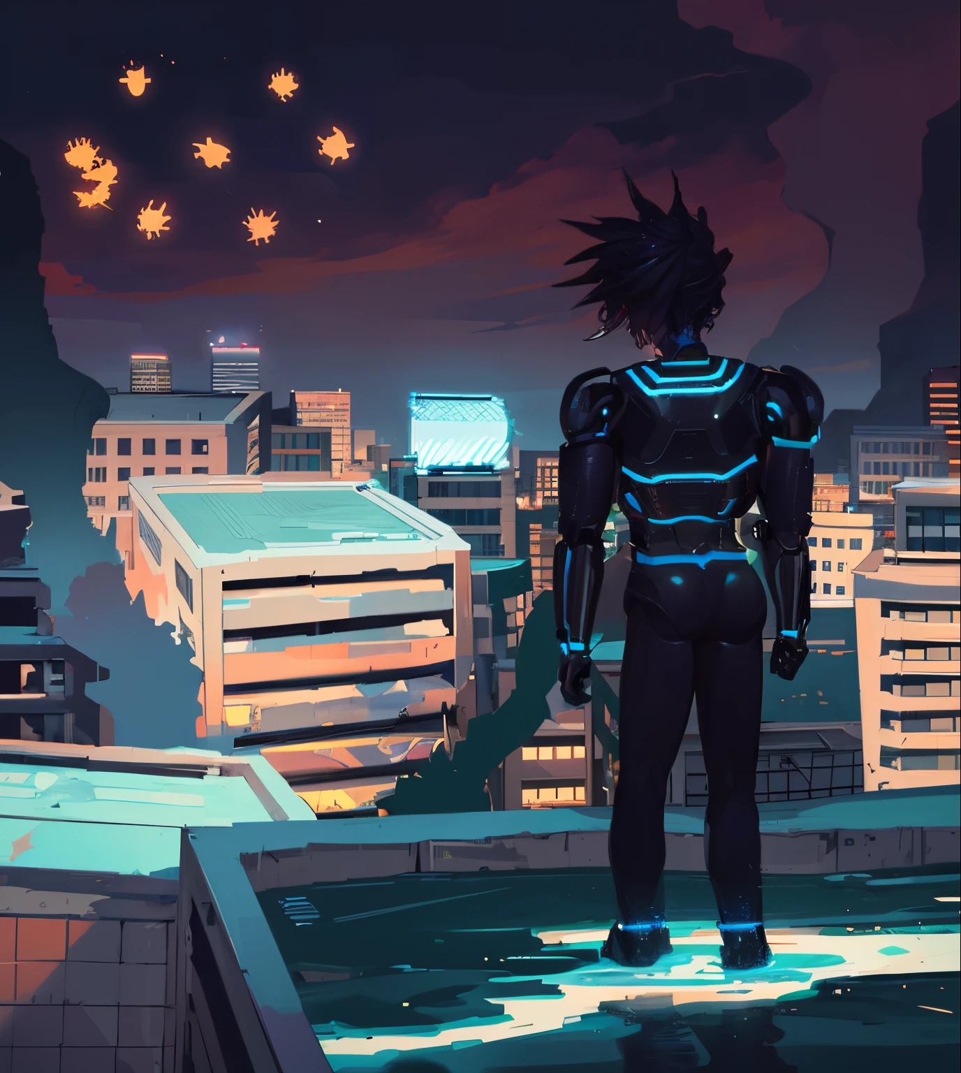 An image of a black cyborg standing on top of a building, watching other robots fly towards him, de fondo edificios destruidos y humo.