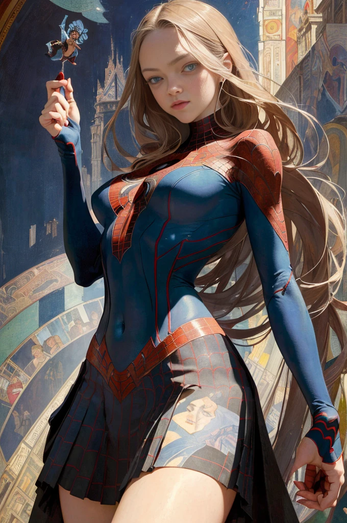 Amanda Seyfried、Sticking out the navel、newyork、She wears a torn Spider-Man suit,wearing skirt、abstract photorealistic、artistic、Alphonse Mucha's painting(masterpiece、top-quality、hight resolution:1.4)、detaileds、intricate-detail、4K、color splashes、line-drawing、Fibonacci、