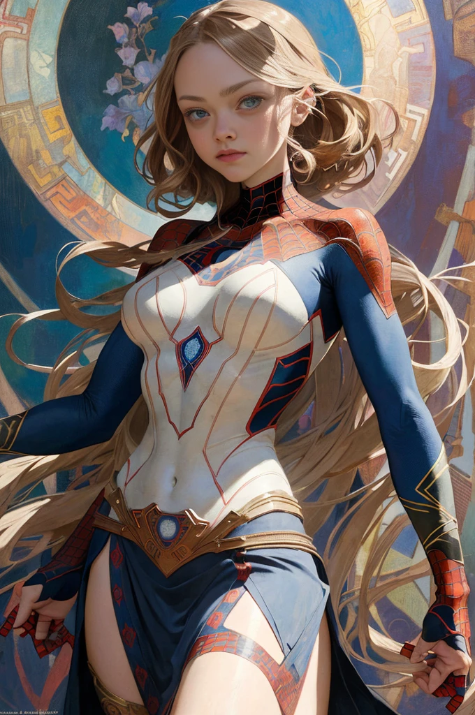 Amanda Seyfried、Sticking out the navel、newyork、She wears a torn Spider-Man suit,wearing skirt、abstract photorealistic、artistic、Alphonse Mucha's painting(masterpiece、top-quality、hight resolution:1.4)、detaileds、intricate-detail、4K、color splashes、line-drawing、Fibonacci、