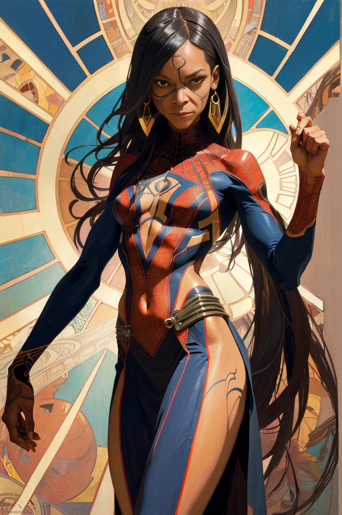 Zoë Saldana、Sticking out the navel、newyork、She wears a torn Spider-Man suit,wearing skirt、abstract photorealistic、artistic、Alphonse Mucha's painting(​masterpiece、top-quality、hight resolution:1.4)、detaileds、intricate-detail、4K、color splashes、line-drawing、Fibonacci、