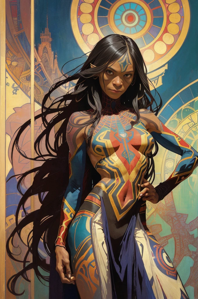 Zoë Saldana、Sticking out the navel、newyork、She wears a torn Spider-Man suit,wearing skirt、abstract photorealistic、artistic、Alphonse Mucha's painting(​masterpiece、top-quality、hight resolution:1.4)、detaileds、intricate-detail、4K、color splashes、line-drawing、Fibonacci、