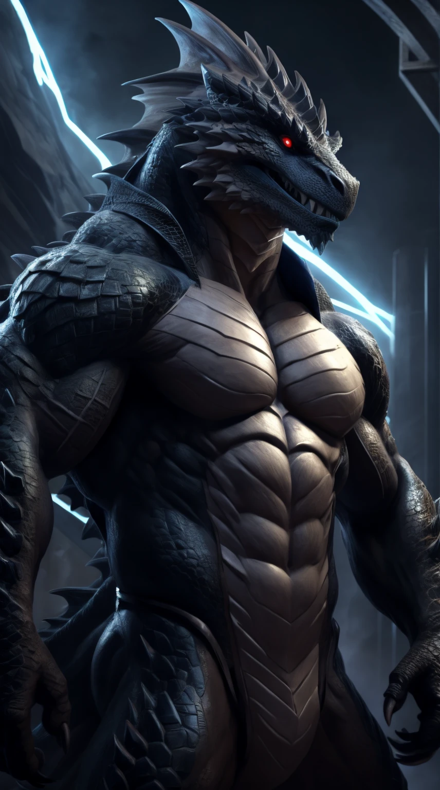 a lizardman, from cryptid academia, grinning lasciviously, grinning sinisterly, anthro lizard, inspired by Ryūsei Kishida, thertrevkaiser, muscular, black body, gray belly, scales on body, claws, red eyes, blue tongue, teeth, gray paws, fit, abs, smooth body, scales on belly, illustration, (best quality, 4k, highres, masterpiece:1.2), ultra-detailed, realistic, horror, sharp focus,