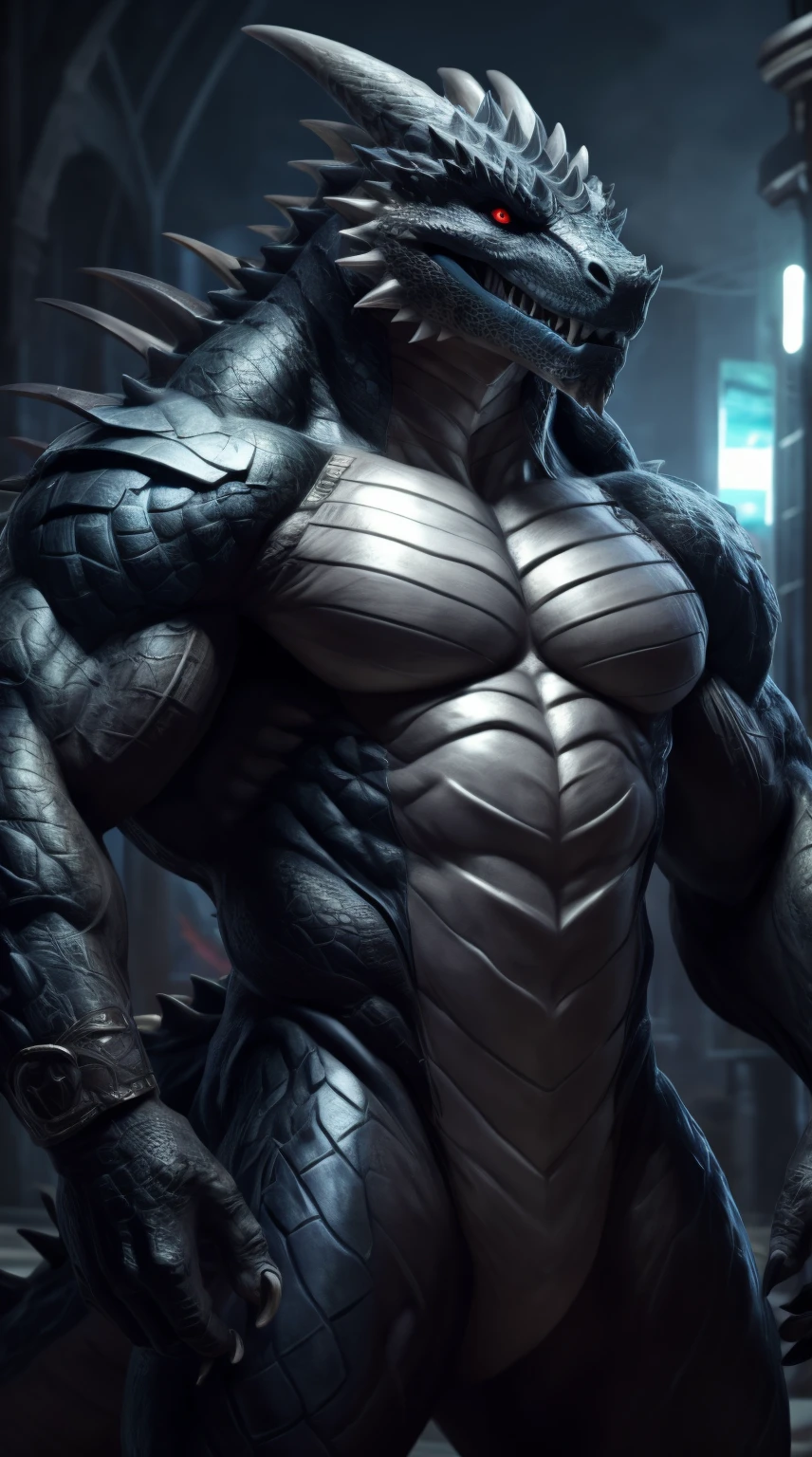a lizardman, from cryptid academia, grinning lasciviously, grinning sinisterly, anthro lizard, inspired by Ryūsei Kishida, thertrevkaiser, muscular, black body, gray belly, scales on body, claws, red eyes, blue tongue, teeth, gray paws, fit, abs, smooth body, scales on belly, illustration, (best quality, 4k, highres, masterpiece:1.2), ultra-detailed, realistic, horror, sharp focus,