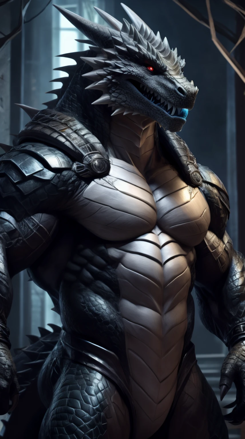 a lizardman, from cryptid academia, grinning lasciviously, grinning sinisterly, anthro lizard, inspired by Ryūsei Kishida, thertrevkaiser, muscular, black body, gray belly, scales on body, claws, red eyes, blue tongue, teeth, gray paws, fit, abs, smooth body, scales on belly, illustration, (best quality, 4k, highres, masterpiece:1.2), ultra-detailed, realistic, horror, sharp focus,