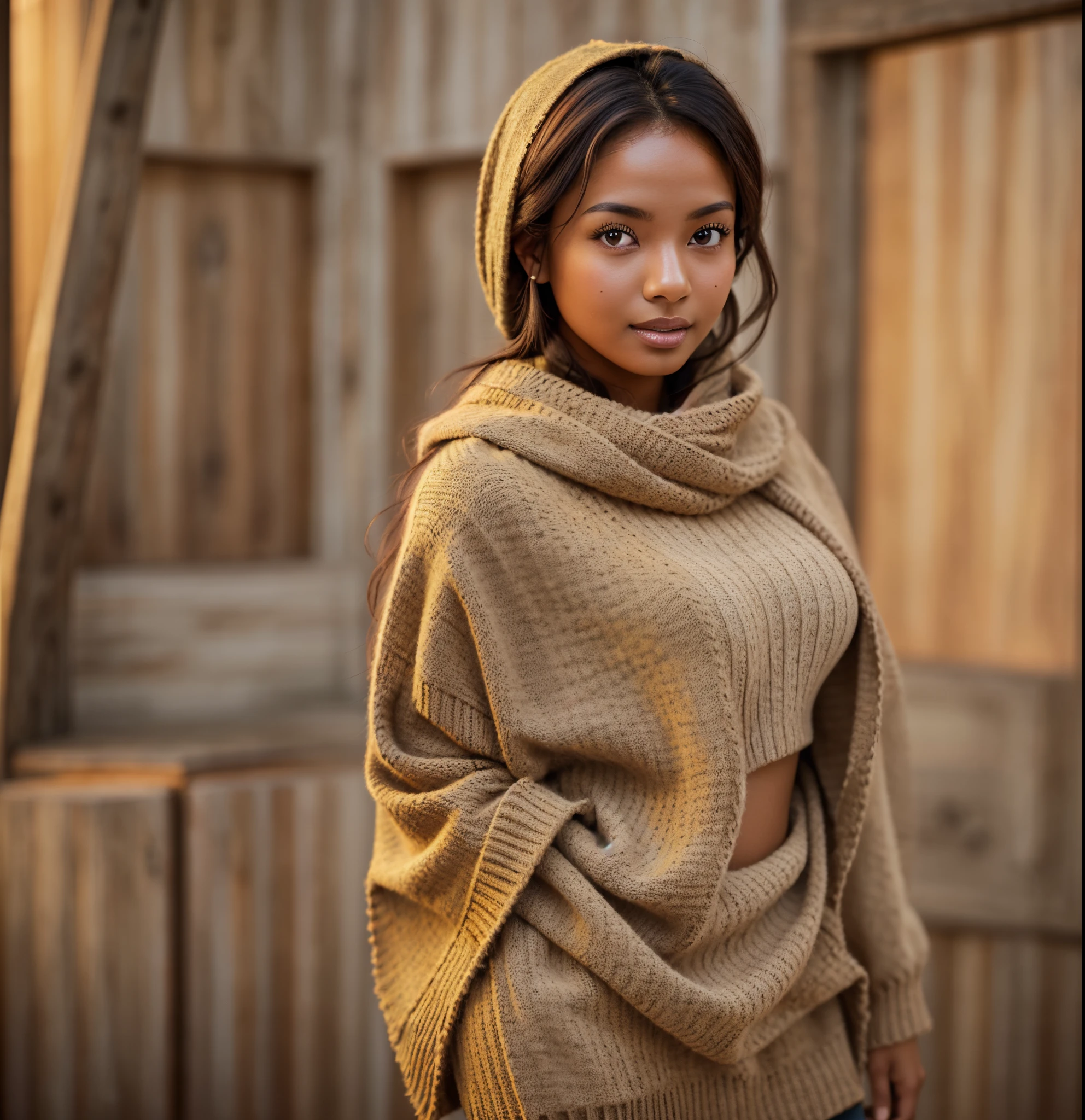 highest quality, objective: creating a scene that conveys a feeling of freshness and vitality, subject: Develop a visually striking image of a woman with brown skin wearing a micro sweater, attire: sweater shawl scarf, Tan Khaki Amber, Capture natural glowing beauty under the light, with special emphasis on radiant luminous skin and massive buttocks --auto --s2