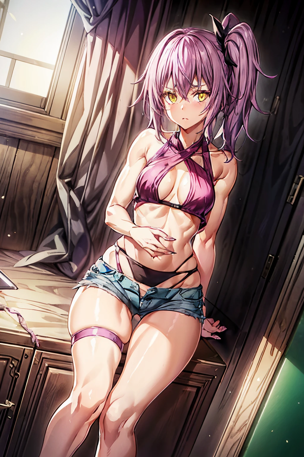 (1 girl from an anime with purple hair), on the beach with the starry sky and the blood moon in the sky, 1 girl, alone, yellow eyes, purple hair, looking at me, ((Lastly)), wearing shorts bikini, (((side ponytail))), (((toned legs))), thick muscular thighs, slim waist, muscular belly, hands on hips, bare feet, medium breasts, reflection in eyes, worn eyes, bad mood, anime, anime style, luminous lighting, ray tracing, canon, panorama, 8k, hard disk, master piece, precise, anatomically correct, Super Detail, high quality, very high resolution, hard disk, 16k