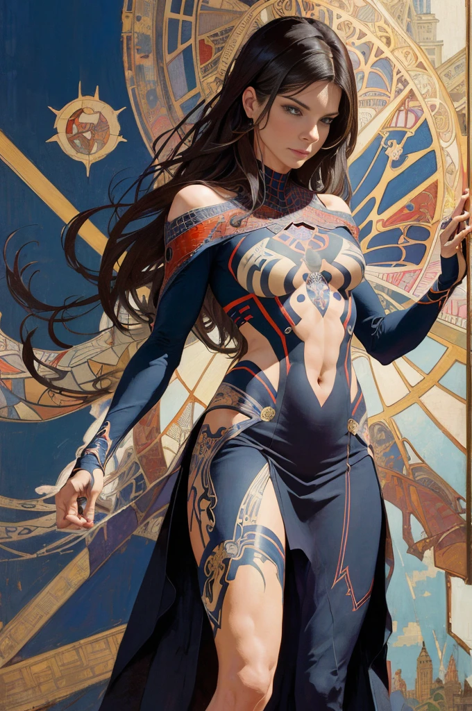 sandra bullock、Sticking out the navel、newyork、She wears a torn Spider-Man suit,wearing a skirt、abstract photorealistic、artistic、Alphonse Mucha's painting(masterpiece、highest quality、High resolution:1.4)、detailed、複雑なdetailed、In 4K、color splash、line drawing、fibonacci、
