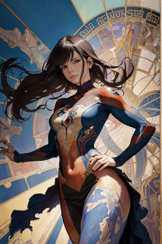 sandra bullock、Sticking out the navel、newyork、She wears a torn Spider-Man suit,wearing skirt、abstract photorealistic、artistic、Alphonse Mucha's painting(masterpiece、top-quality、hight resolution:1.4)、detaileds、intricate-detail、4K、color splashes、line-drawing、Fibonacci、
