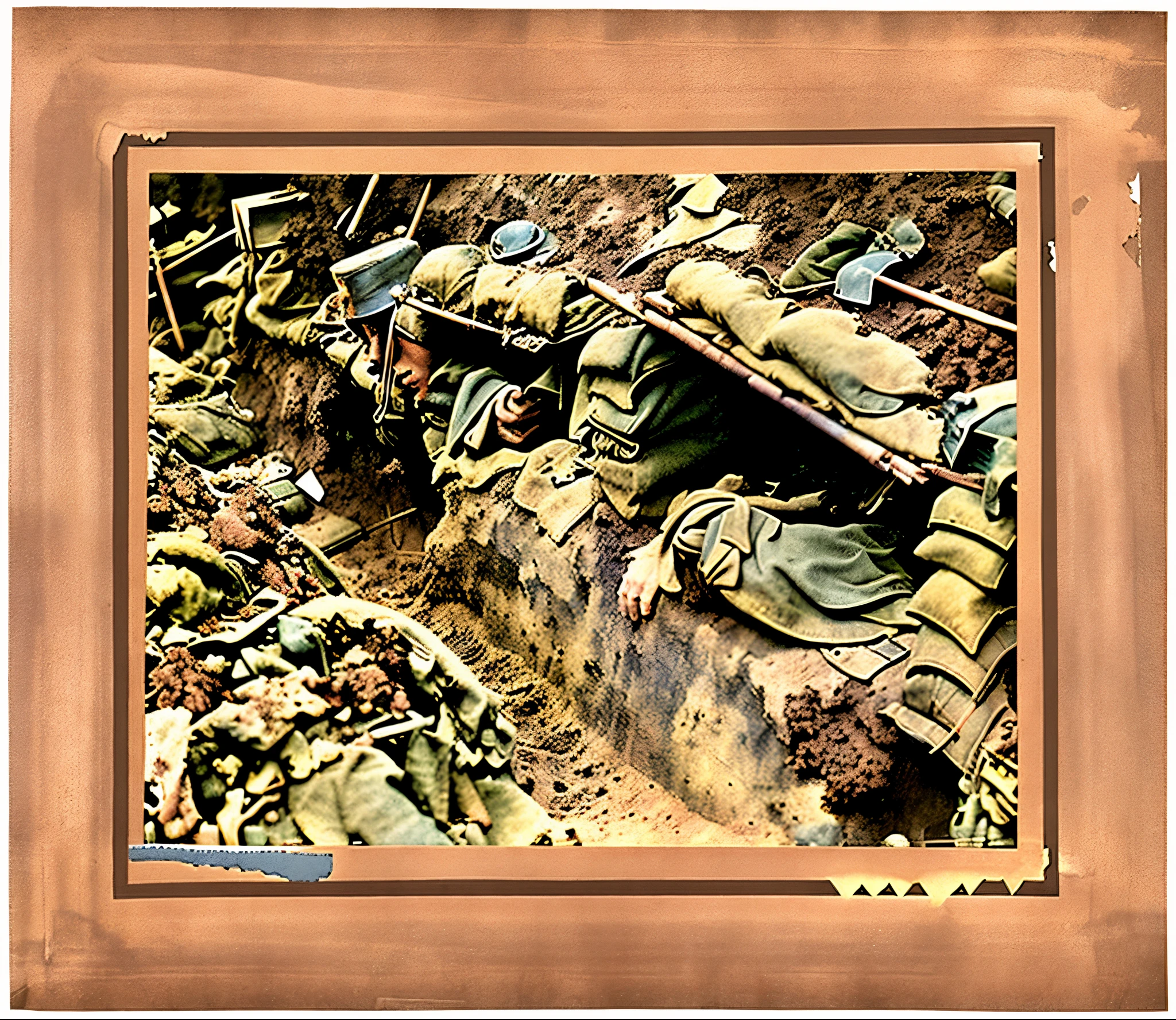there is a picture of a picture of a man in a trench, ww1 trench, in trenches, trenches bombs, trenches, ww1 film photo, ww1 photo, award winning autochrome photo, taken on a ww 1 camera, dead soldiers, autochrome, trench sandbags in background, photo of war, colorized photograph, very detailed photograph, ww 1