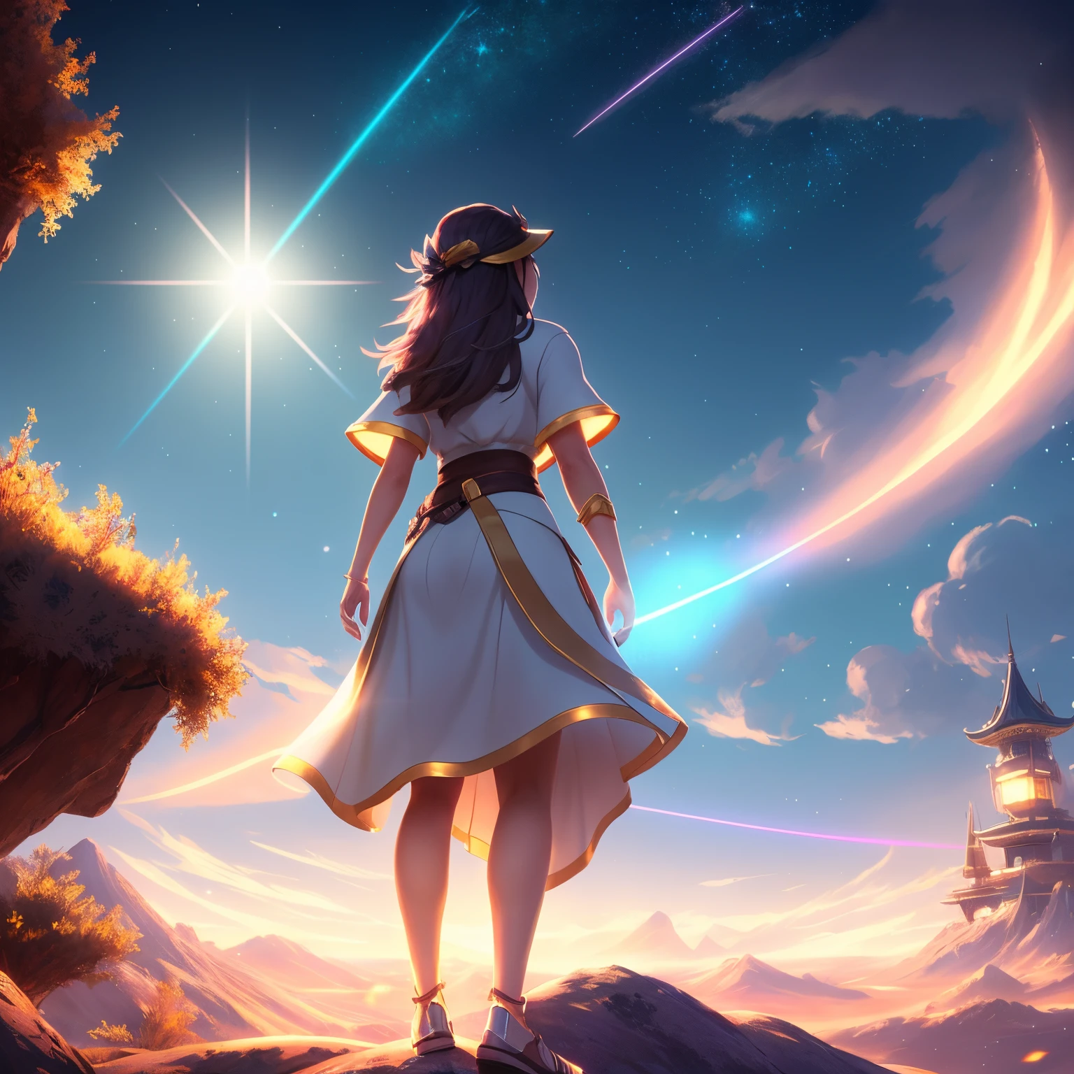 a close up of a masterpiece, best quality, 1girl, solo, guizhong_genshin, default_dress, from behind, starry sky print, sleeves over wrists, barefoot standing in front of a light beam, glowing lens flare wraith girl, 8 k hd wallpaperjpeg artifact, 8k hd wallpaperjpeg artifact, rossdraws global illumination, taliyah, concept art wallpaper 4k, rossdraws volumetric lighting, blizzard game concept art, high quality digital concept art