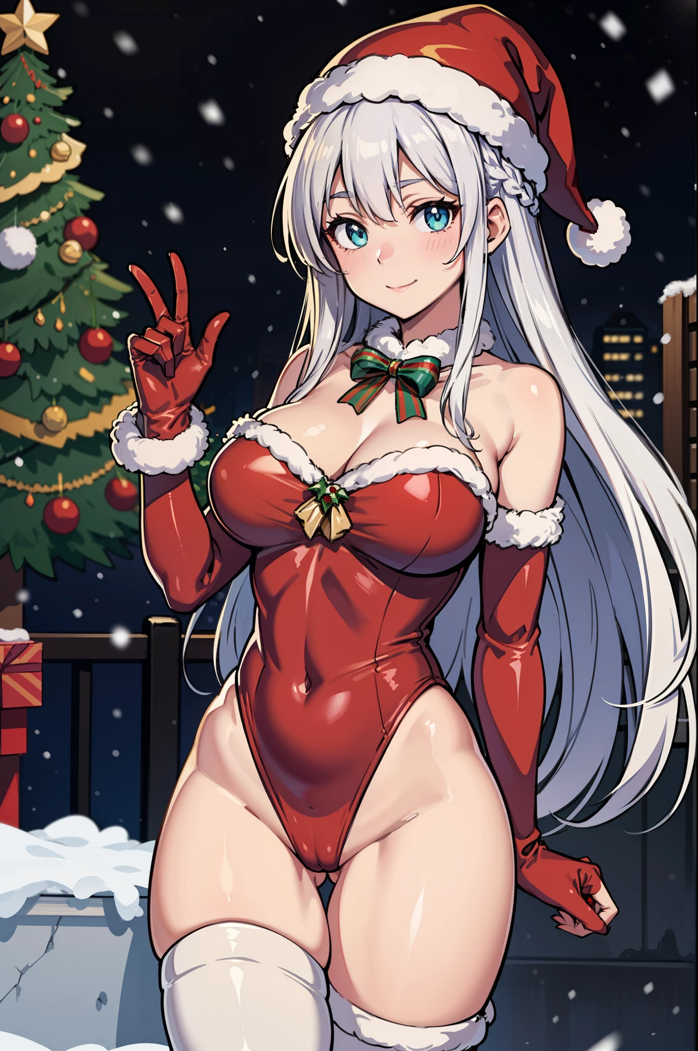 8k wallpaper、Raw photography、masutepiece、top-quality、Cowboy Shot、Looking at Viewer、Full limbs、complete fingers、Slender beauty、silver french braid、aqua eyes,Beautiful Large Breasts、(Detailed ultra-oily shiny skin:1.1)、oily shiny thighhigh、(Perfect red Santa Claus leotard with fur:1.3)、((red long boots with fur))、（fur santa gloves）BREAK,（thighs thighs thighs thighs、zettai ryouiki）（Santa Claus hat）、Beautiful、A slight smil、Winter cityscape、shopping street、It's snowing、white Christmas、Christmas tree、give a gift