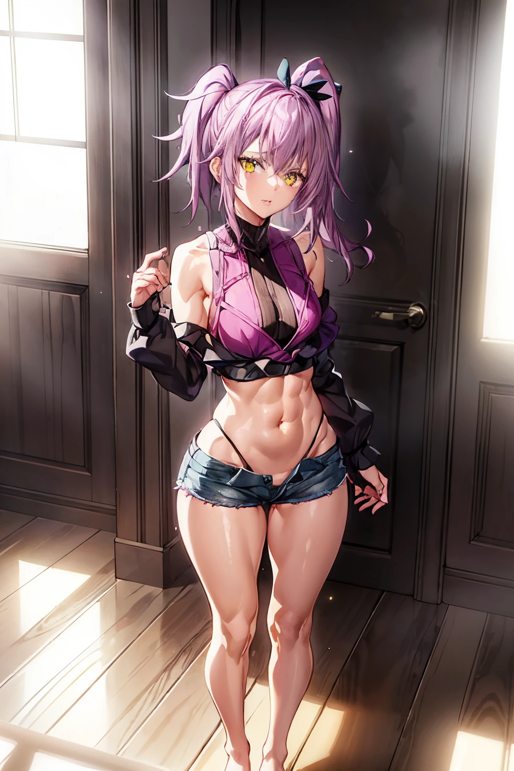 (1 girl from an anime with purple hair), on the beach with the starry sky and the blood moon in the sky, 1 girl, alone, yellow eyes, purple hair, looking at me, ((Lastly)), wearing shorts bikini, (((side ponytail))), (((toned legs))), thick muscular thighs, slim waist, muscular belly, hands on hips, bare feet, medium breasts, reflection in eyes, bright eyes, bad mood, anime, anime style, cinematic lighting, ray tracing, canon, panorama, 8k, hard disk, master piece, precise, anatomically correct, Super Detail, high quality, very high resolution, hard disk, 16k