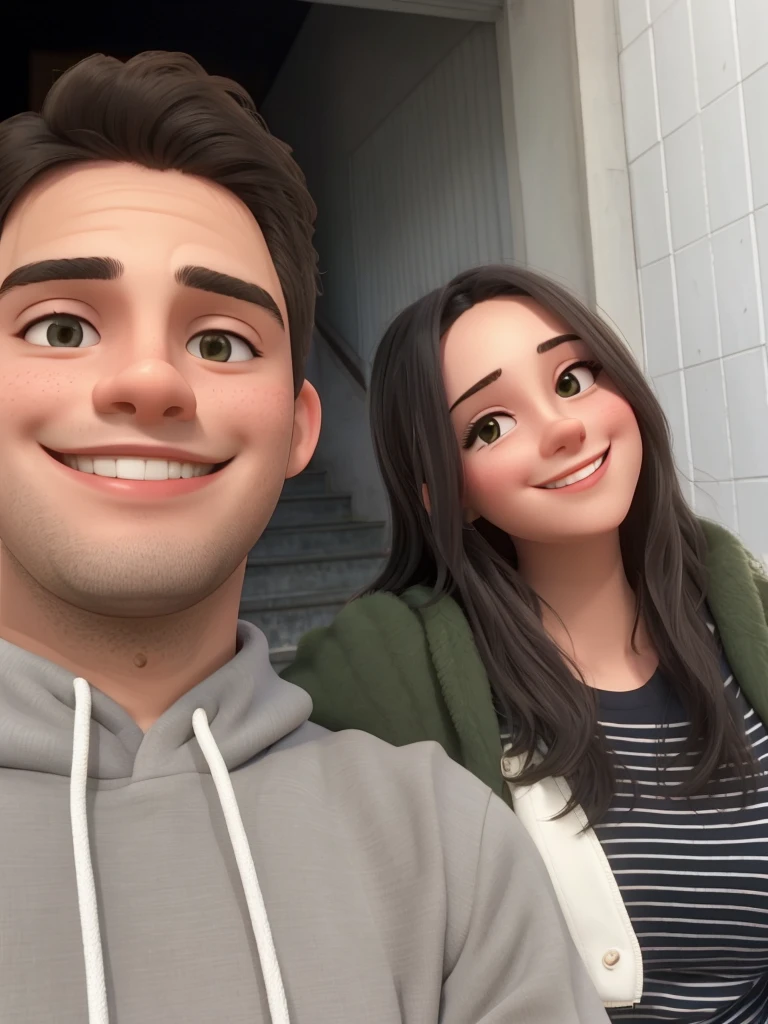 smiling couple taking selfie in front of a building with stairs, both smiling for the camera, instagram story, in sao paulo, very very low quality picture, smiling and looking directly, malika favre, 8k selfie photograph, headshot profile picture, happily smiling at the camera, by Nándor Katona, profile image, happy couple, picture