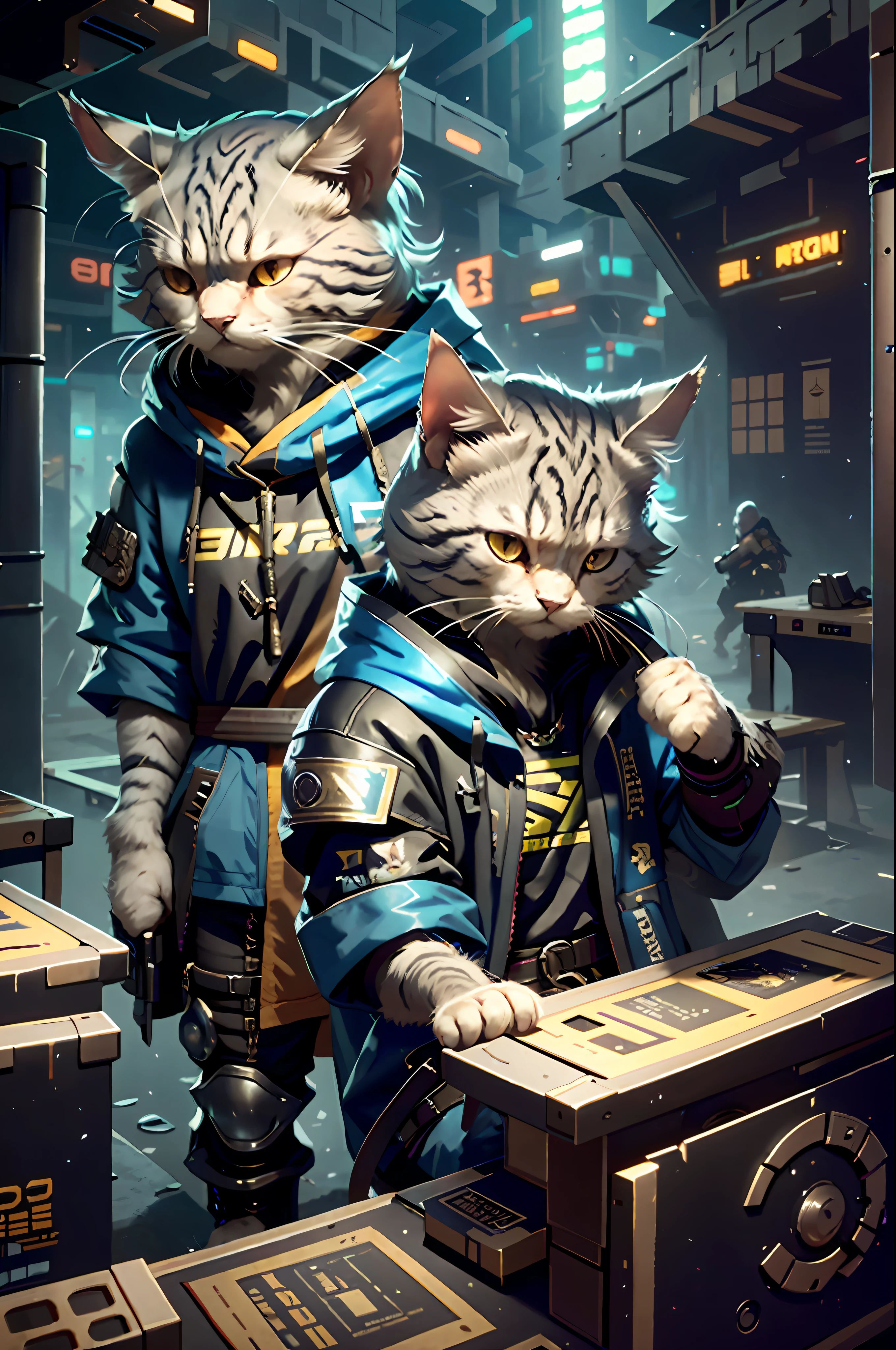 c4ttitude, estratagema, Concentre-se nos seus olhos, Furred, desafiante, agilidade, Fascinante, roupas cyberpunk,nylon, Quick claws, Arena, O mundo digital, estratagema, Confronto, cenas de jogo,master part, best quality, ultra-detalhado,Papel de parede 8K,Hyper-Resolution, irreal 5