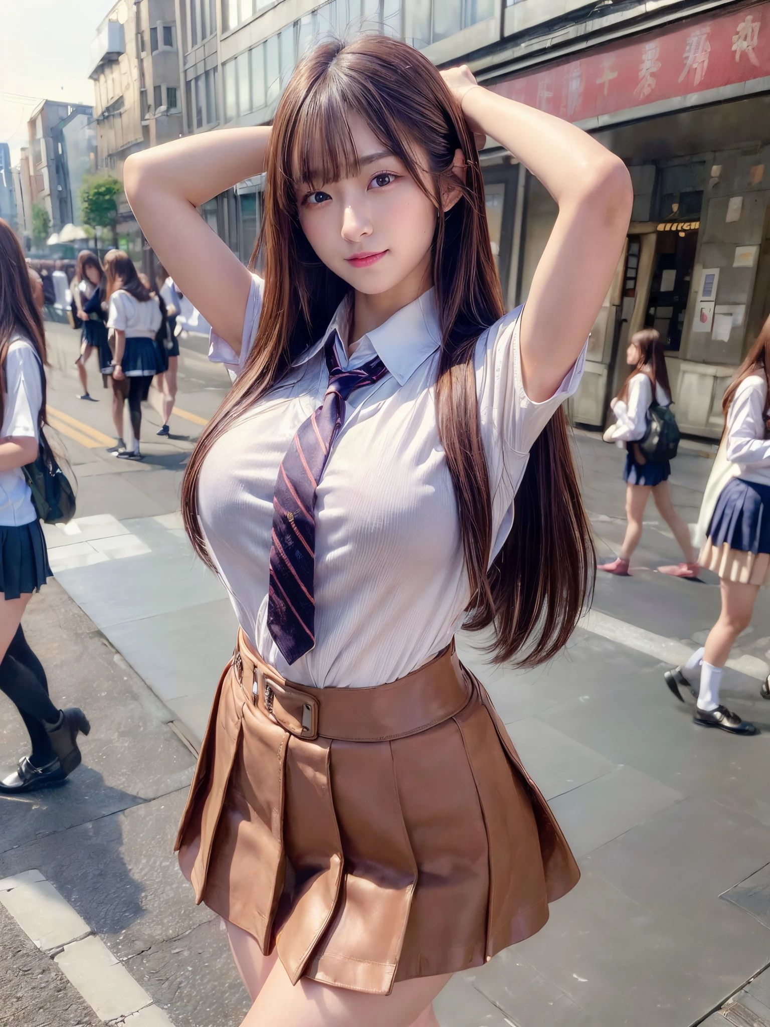 (masterpiece,best quality:1.4),(8k,raw photo,photo realistic:1.2),shiny skin,detailed skin,detailed face,detailed eyes,Japanese idol,beautiful cute face,1Japanese girl,perfect female body,large breasts,smile,long brown bob hair,(school uniform:1.3),looking at viewer,(arms up,crowded city streets:1.3),cowboy shot