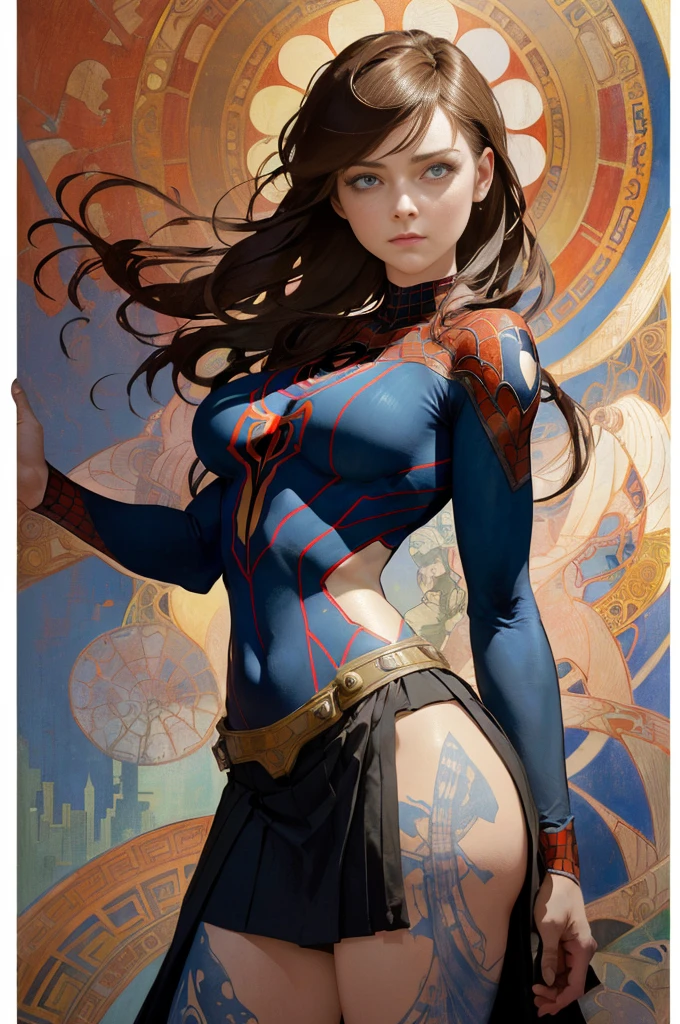 Alexandra Breckenridge、Sticking out the navel、newyork、She wears a torn Spider-Man suit,wearing skirt、abstract photorealistic、artistic、Alphonse Mucha's painting(masterpiece、top-quality、hight resolution:1.4)、detaileds、intricate-detail、4K、color splashes、line-drawing、Fibonacci、