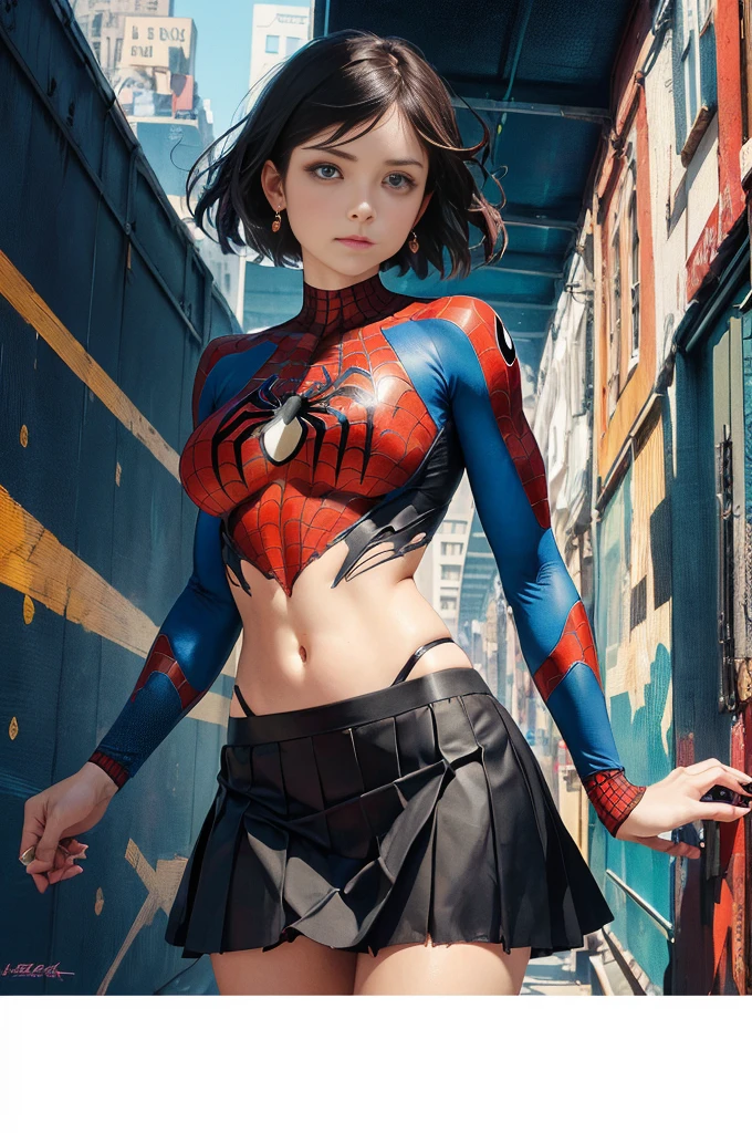 Emilia Clark、Sticking out the navel、newyork、She wears a torn Spider-Man suit,wearing skirt、 Red and black color scheme,Dynamic、​masterpiece、top-quality、ultra-detailliert、ighly detailed、beautiful detailed brilliance、超A high resolution