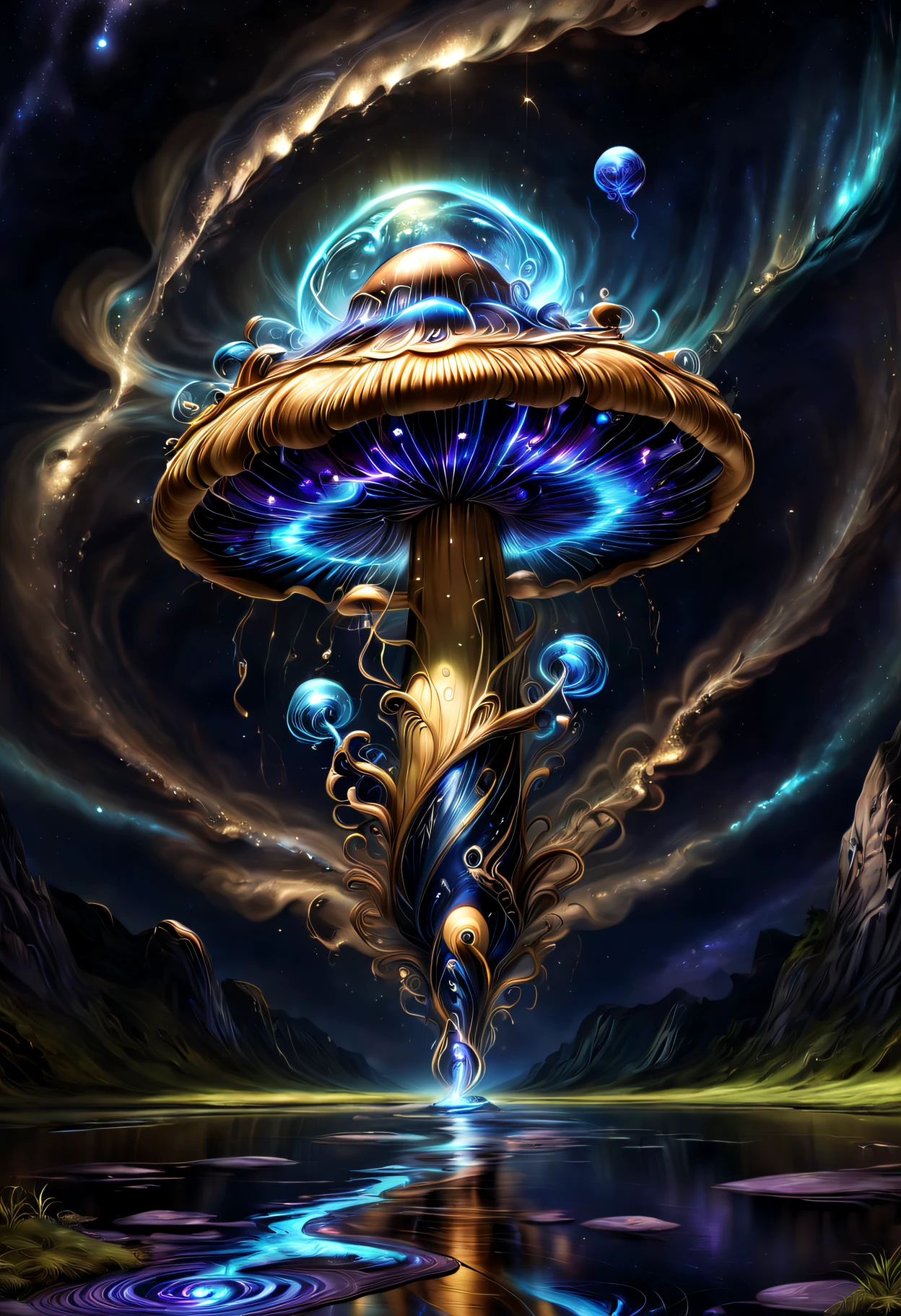 Glowing transparent mushrooms floating in space，The huge glowing transparent mushroom in the middle，Planets as background，with a river running through it, Marble style, Dark navy and light brown glow, Heather Serrell, Glow airbrush art style, Dark Beige and Indigo Glow, ZBrush, swirles, historical imagery, dreamlike realism, tumblewave,Earth with a river in the background, otherworldly painting style, swirles, reality transformation art, dark navy and light brown, air brush art, reality transformation art, Alejandro Jodorowsky, swirles, deep gold and indigo, multilayered realism, mind-bending murals