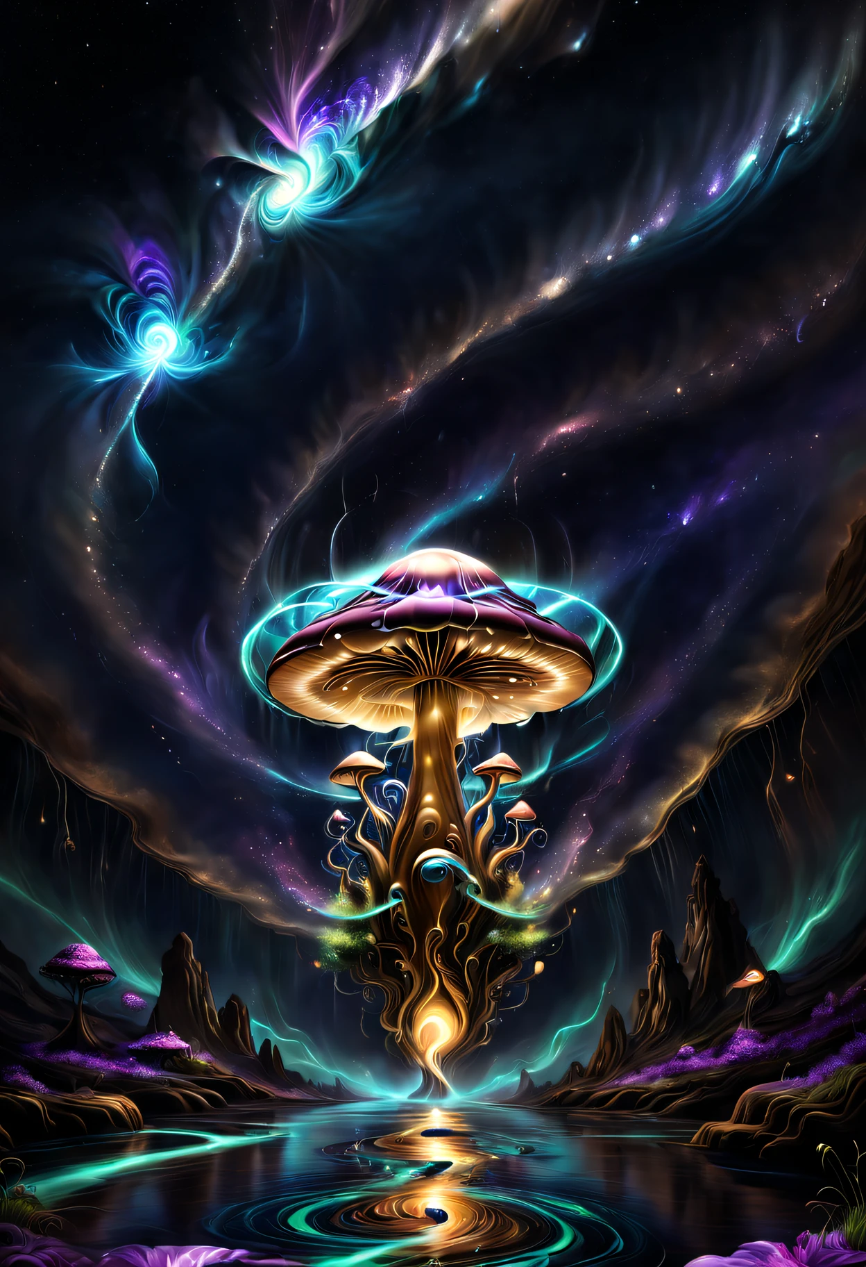 Glowing transparent mushrooms floating in space，The huge glowing transparent mushroom in the middle，Planets as background，with a river running through it, Marble style, Dark navy and light brown glow, Heather Serrell, Glow airbrush art style, Dark Beige and Indigo Glow, ZBrush, swirles, historical imagery, dreamlike realism, tumblewave,Earth with a river in the background, otherworldly painting style, swirles, reality transformation art, dark navy and light brown, air brush art, reality transformation art, Alejandro Jodorowsky, swirles, deep gold and indigo, multilayered realism, mind-bending murals