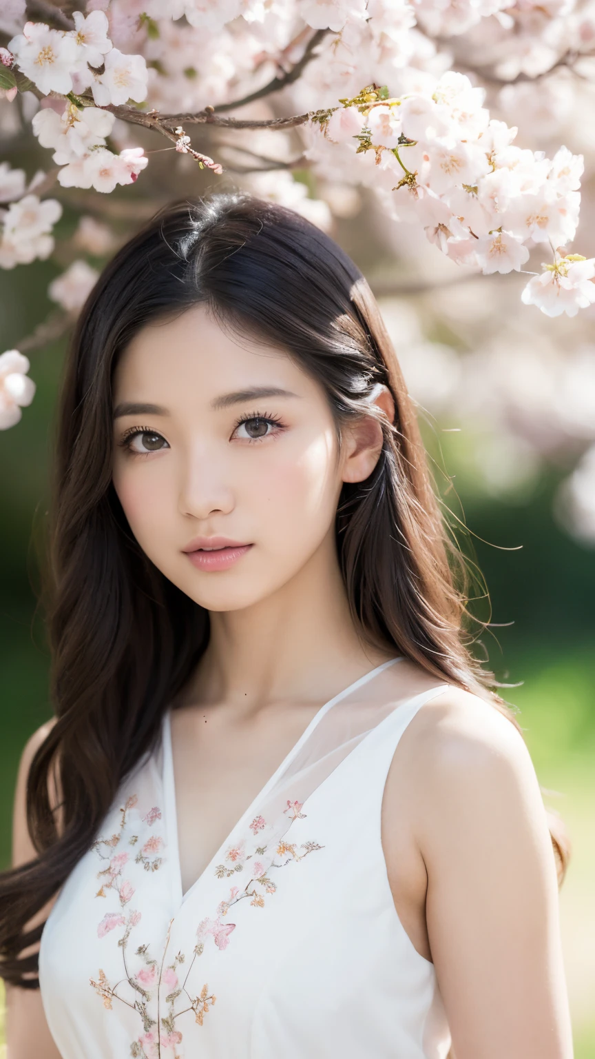 (A logo、masterpiece、8K、masutepiece、Raw photo、Fantastic、Best Quality、Photorealistic、extremely detailed CG unified 8k wallpaper、hightquality、ighly detailed、epic poem、Particle effect、Dynamic effects、depth of fields、Cinematic Light、Lens Flare、Ray tracing)、Fantasia、 (Beauty 1 person、White Japanese Clothing、Japanese dress、White cherry blossom pattern、White cherry blossom embroidery pattern、A dark-haired、Beautiful face、Real Face、Beautiful detail eyes、Beautiful skin)、Hair flutters in the wind、Hair jumps、Pink cherry blossom tree、Petals flutter、Sakura blizzard、Superb view、morning glow、Sun in the background、the wind、Deities、tusk、myth、Vast Land、
