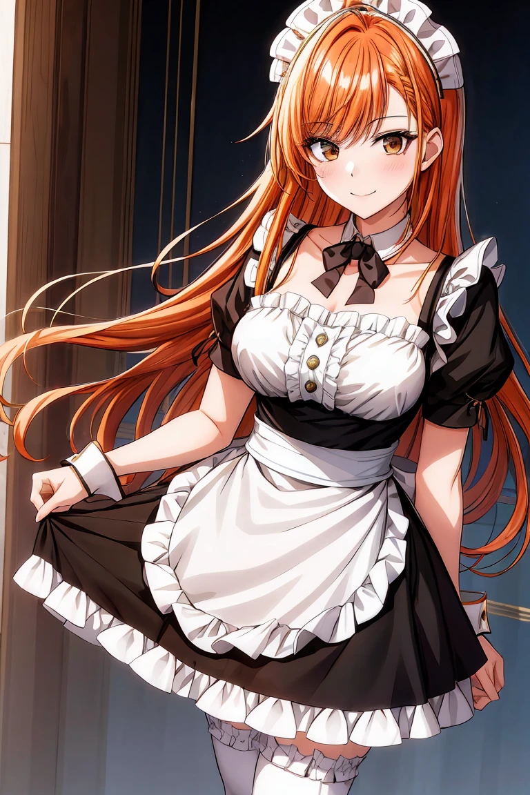 (shoujo-style:1.2), masterpiece, best quality, arisugawa natusha, 1girl, solo, standing, smile, bangs, breasts, maid headdress, maid, frills, black dress, detached collar, puffy short sleeves, wrist cuffs, apron, white thighhighs, long hair, orange hair, looking at viewer, closed mouth,