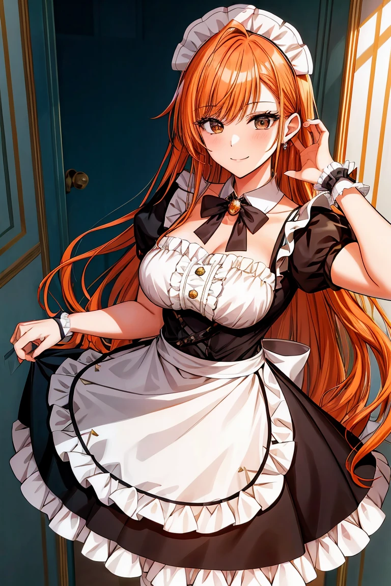 (shoujo-style:1.2), masterpiece, best quality, arisugawa natusha, 1girl, solo, standing, smile, bangs, breasts, maid headdress, maid, frills, black dress, detached collar, puffy short sleeves, wrist cuffs, apron, white thighhighs, long hair, orange hair, looking at viewer, closed mouth,