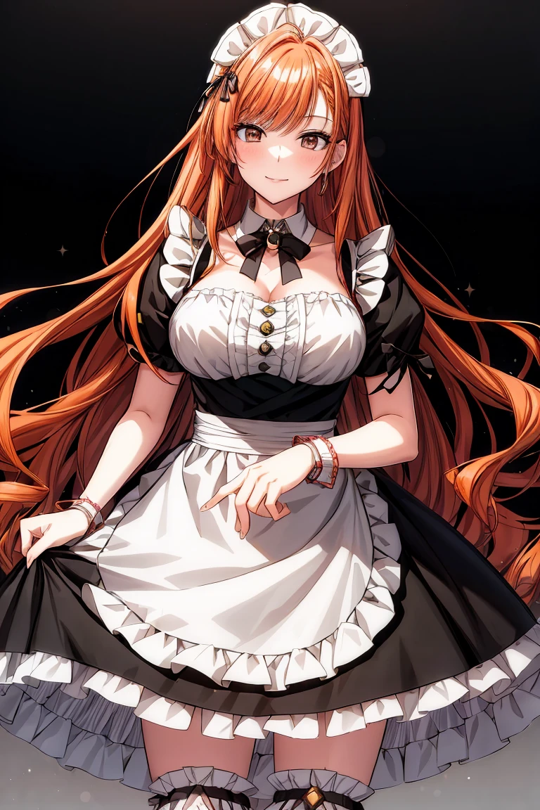 (shoujo-style:1.2), masterpiece, best quality, arisugawa natusha, 1girl, solo, standing, smile, bangs, breasts, maid headdress, maid, frills, black dress, detached collar, puffy short sleeves, wrist cuffs, apron, white thighhighs, long hair, orange hair, looking at viewer, closed mouth,