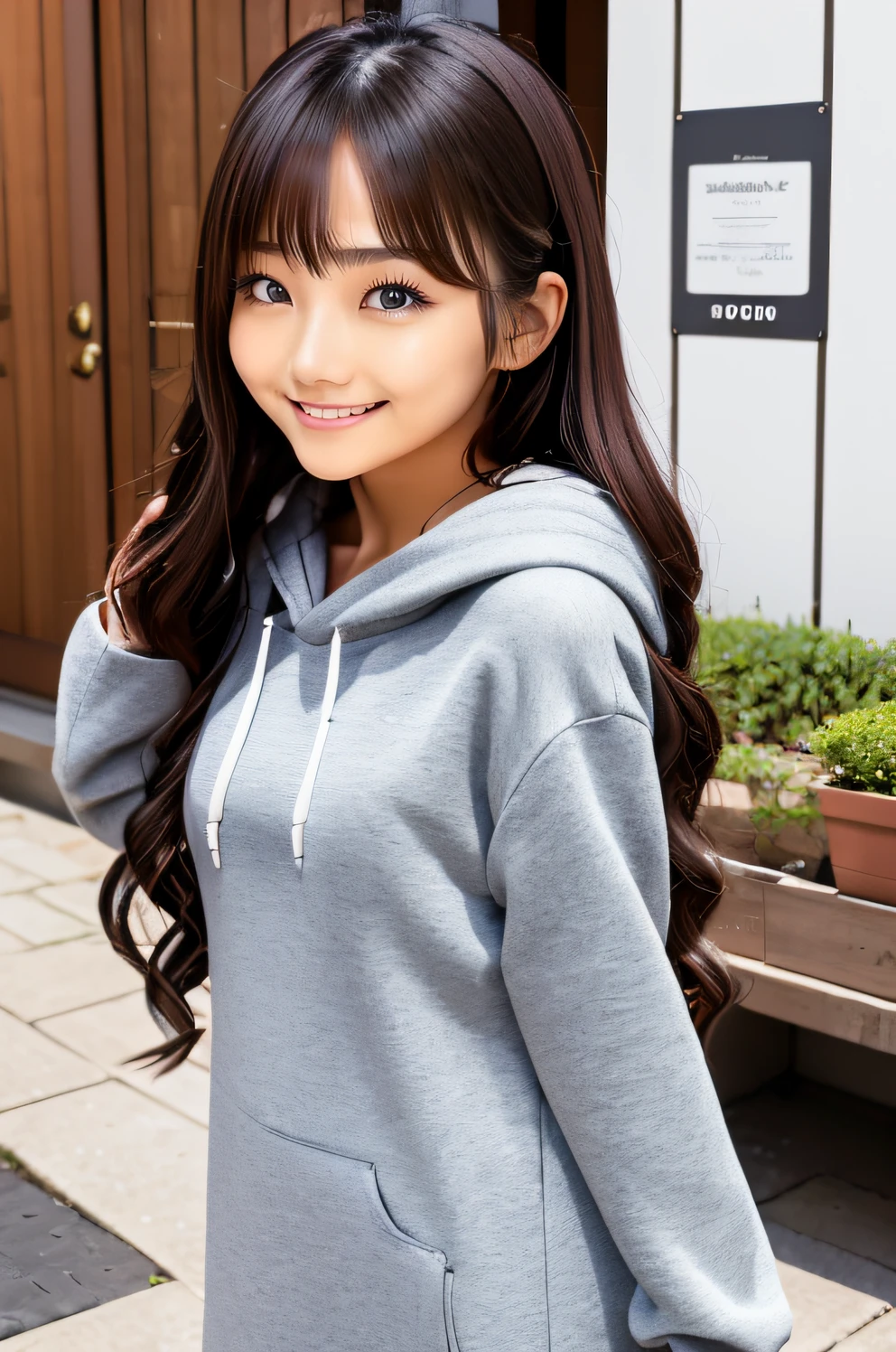 (((((girl1people))))), グラビアアイドルとして活躍する最高に可愛いgirl、(Brown Hair)、(Semi-long hair), (Light grey hoodie)、(Denim micro mini skirt), (Black knee-high socks), (smile), Smiling professionally at the camera