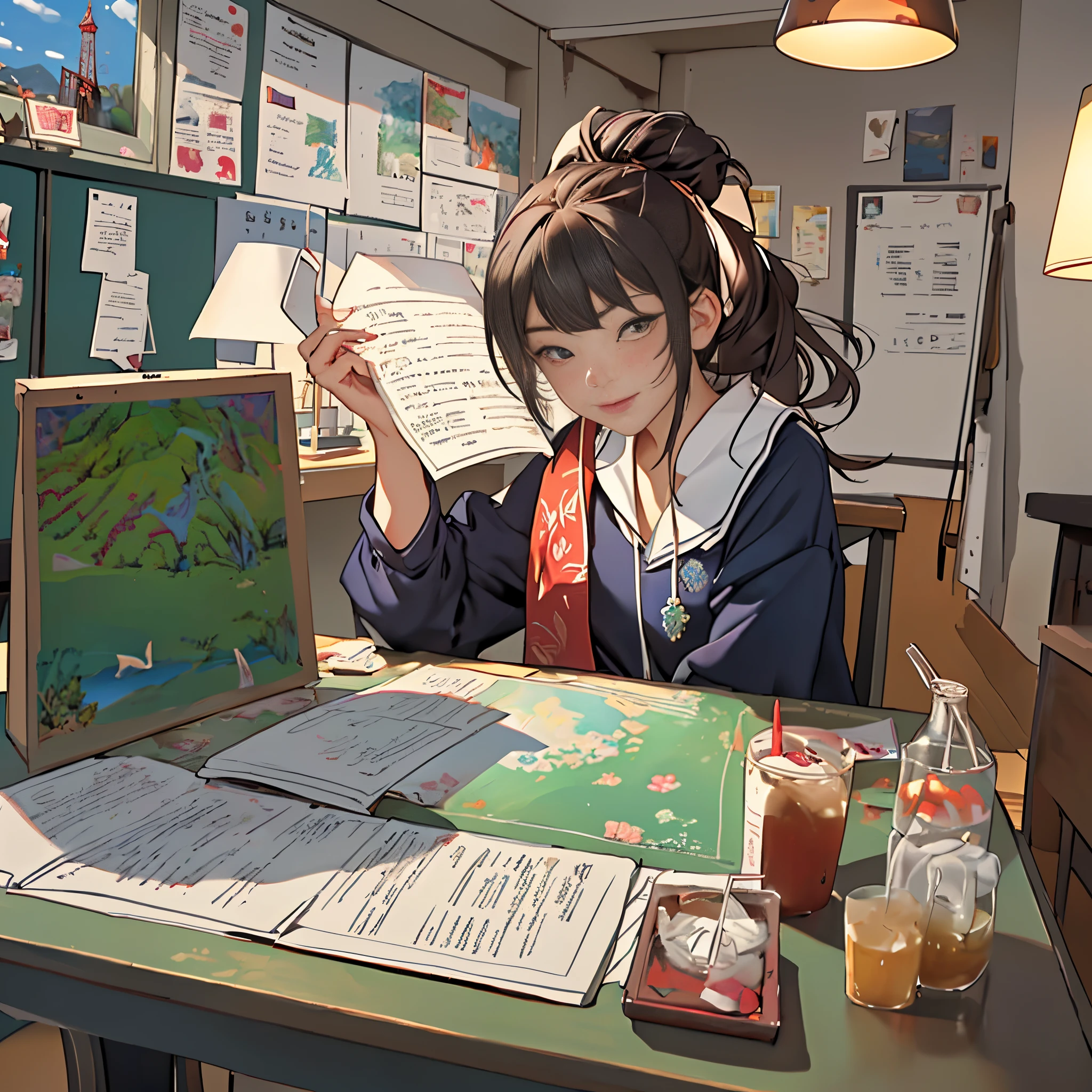 paint a decorative painting,Describe a girl(elementary student)Pictures of serious lessons in the classroom,6year old girl,There are two teachers in the classroom(Teacher giving lecture in front of blackboard,Another teacher is grading homework),Bright and harmonious colors,(Decorative painting:1.6),dressed in:uniform clothing,student clothes,Elaborate Eyes,ssmile,((Detailed faces)),((詳細な目)),((Clean the skin)),(correct hand:1.6),(Complete and beautiful five fingers:1.6),(Anatomically correct perspective and occlusion:1.5),(anatomically correct limbs:1.6),(Correct anatomy:1.5),simple backgound,Reading vibe,Learning atmosphere, (s fractal art: 1.3),girl focus focus,