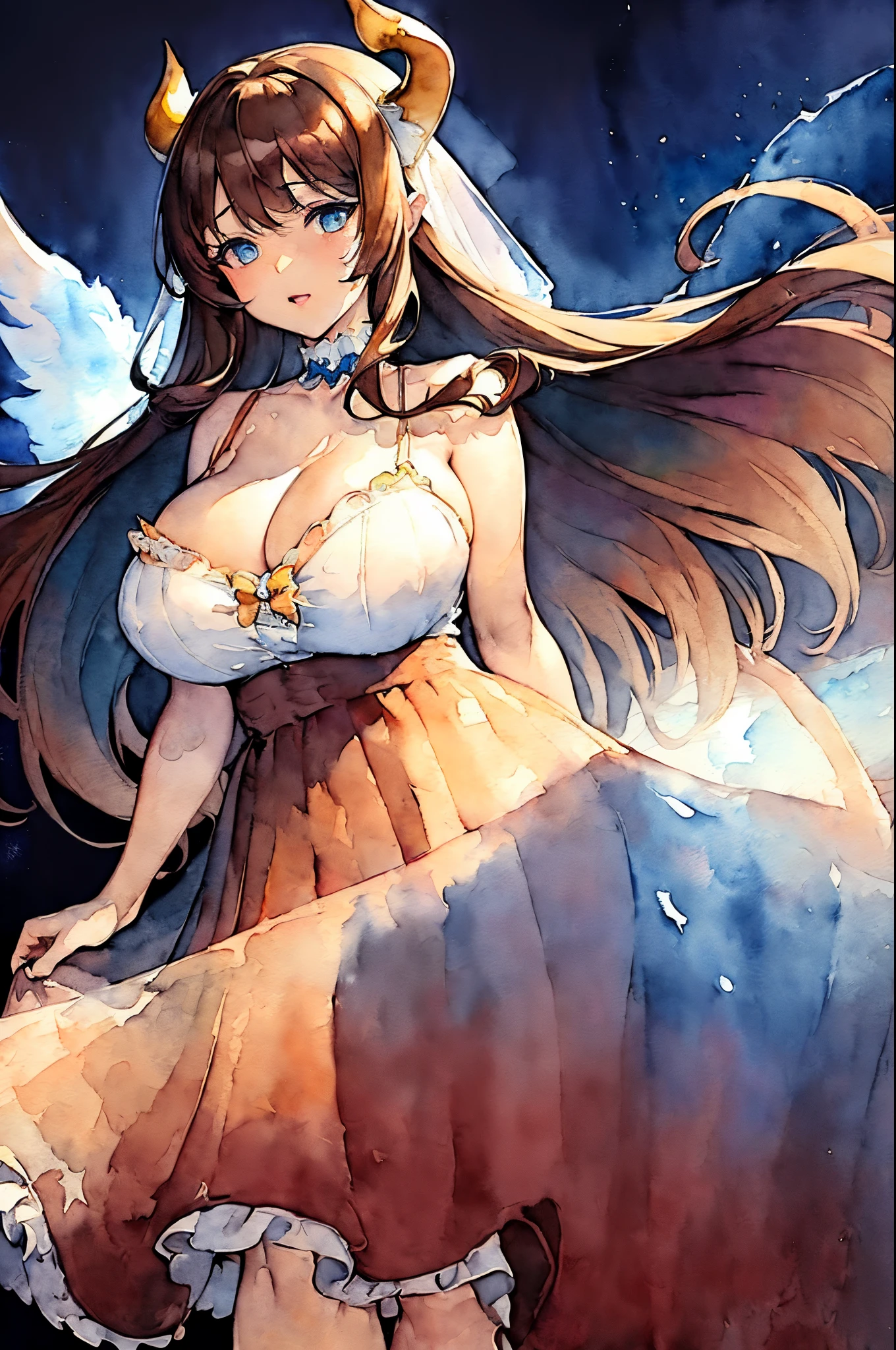 ((Masterpiece)), (Best Quality), ((Super Detail)), (((((watercolor speedpaint Illustration))))), ((Very Delicate and Beautiful)), ((solo)), Dynamic Angle, Looking at viewer, anime moe artstyle, ((enigmatic and motherly)), ((Cerulean Blue eyes)), tanned skin, (((Deep Chocolate Brown hair with orange highlights))), ((Hime Cut hair)), (Floor Length Hair), ((Twin pitch black demon horns)), (otherworldly), exceptionally beautiful, (((plump))), (big breasts), ((curvy)), (((voluptuous))), (ethereal spirit), ((Lacy Yellow Camisole), ((Red and Black Checkered Skirt)), (Camisole with White Trim), ((Mommy)), (high quality), volumetric lighting, ((spiritual plane)), ((((ethereal background))))