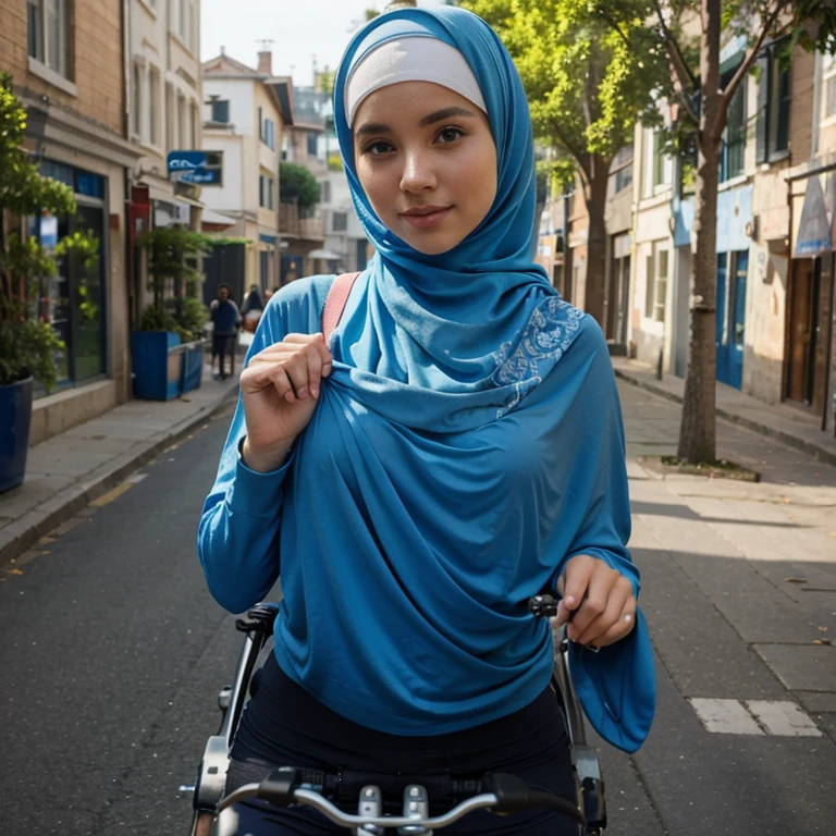 A beautiful girl wearing a bicycle jersey posing on a folding bicycle wearing a blue hijab looks beautiful and attractive, raising one hand to greet her friend, 4k, photo results
